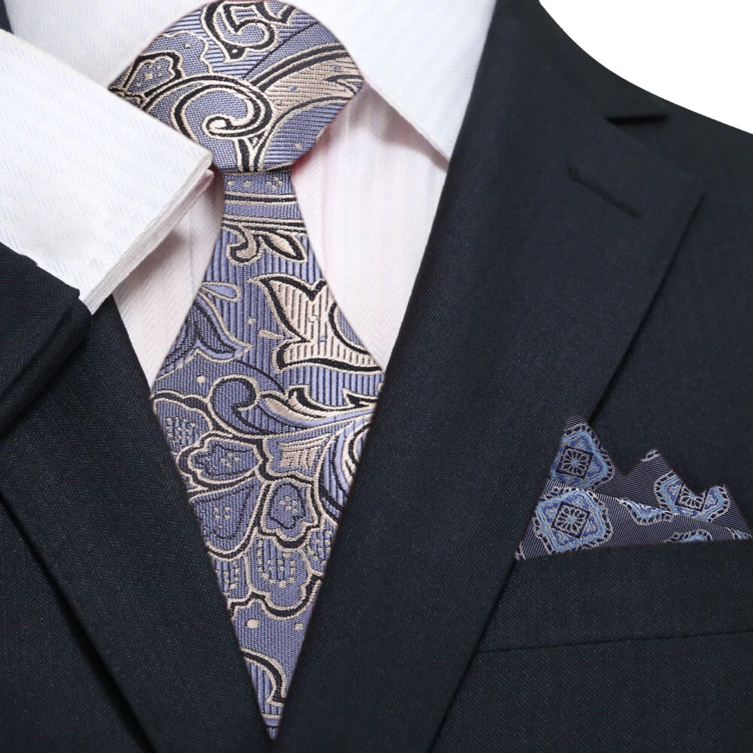A Dark Grey, Grey Abstract Paisley Pattern Silk Necktie, Accenting Pocket Square