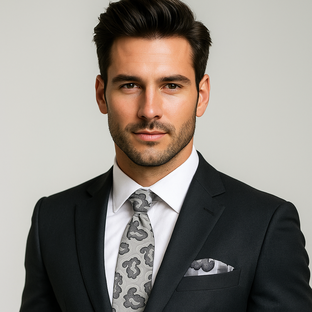 Man wearing a black suit with a patterned tie and pocket square on a gray background