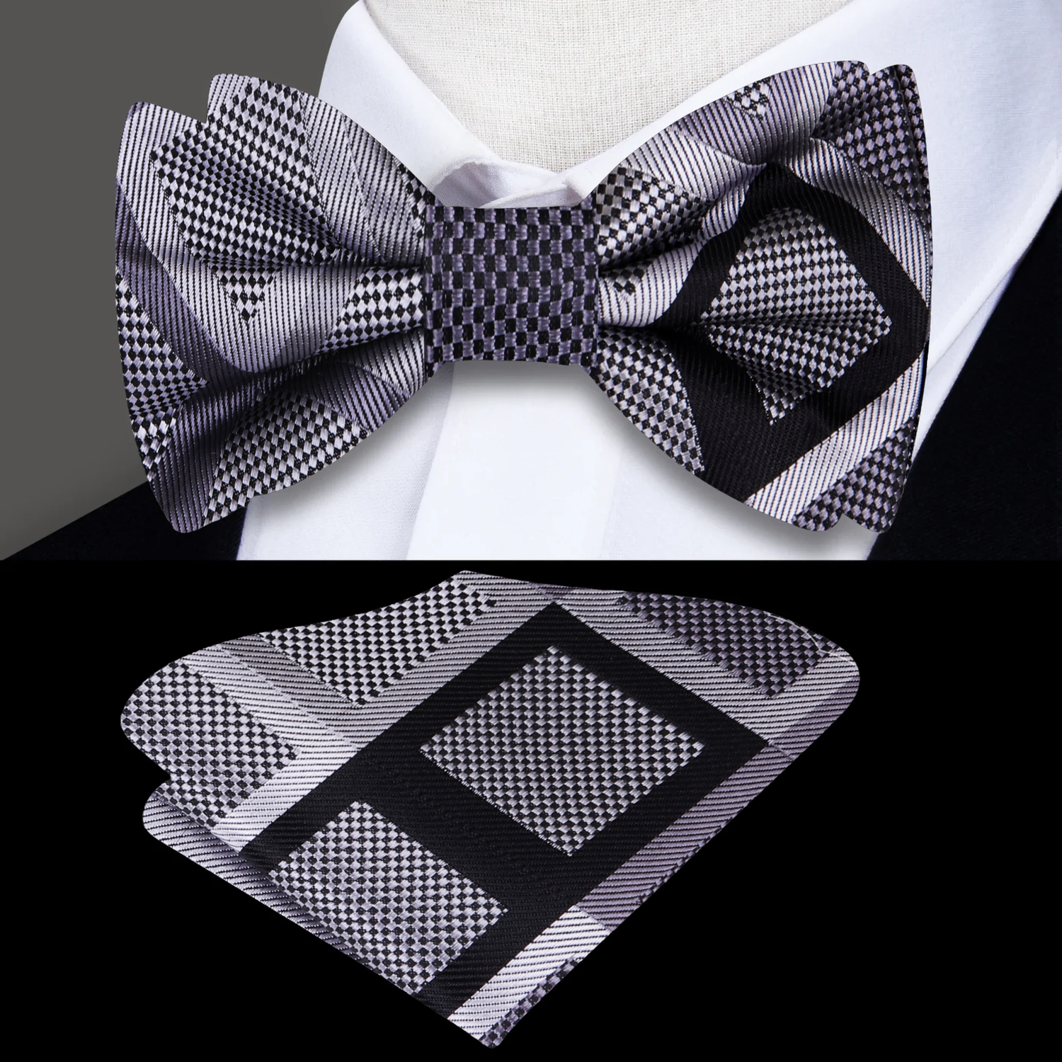 Dark Grey Black Geometric Bow Tie and Square