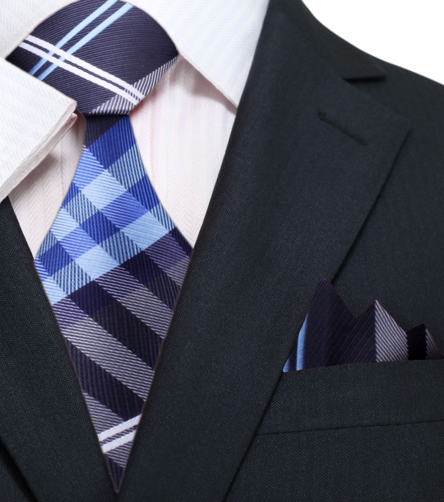 Main: A Black, Blue, White Plaid Pattern Necktie With Matching Pocket Square||Blue, Black, White