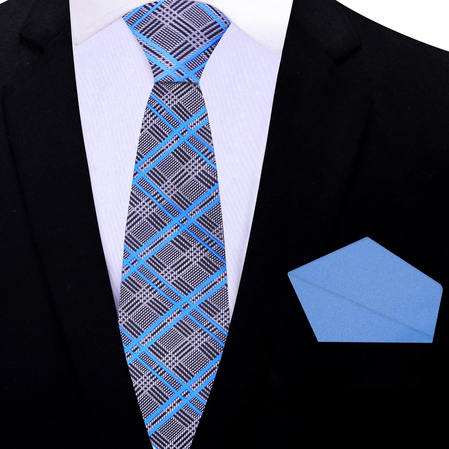 Thin Tie: Grey, Blue, Black Plaid Tie and Blue Square