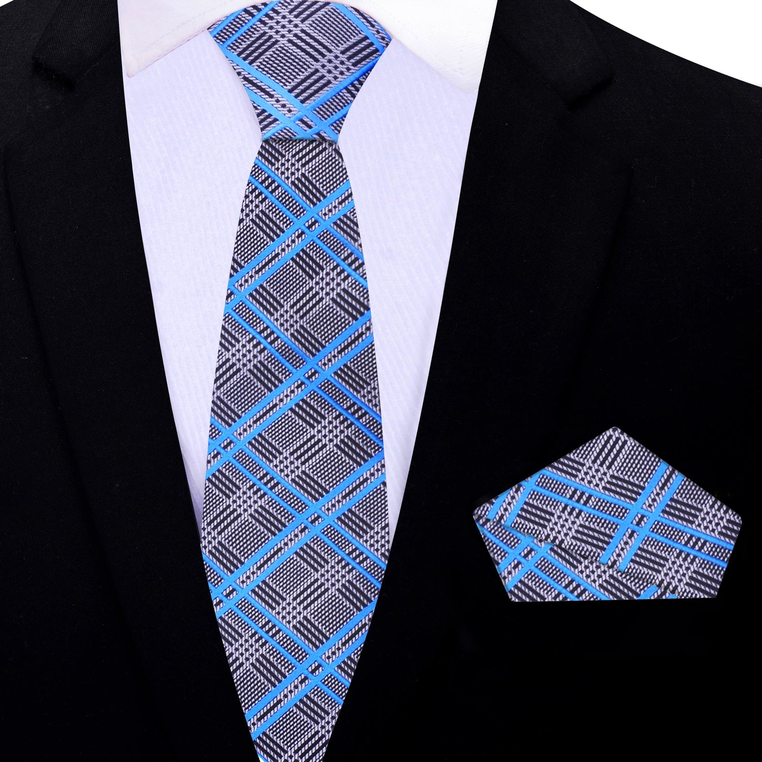 Thin Tie: Grey, Blue, Black Plaid Tie and Square