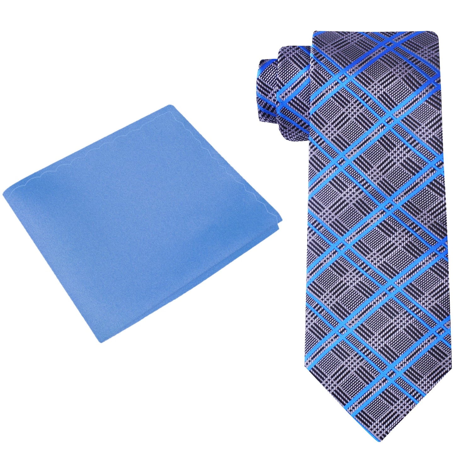 Alt View: Grey, Blue, Black Plaid Tie and Blue Square