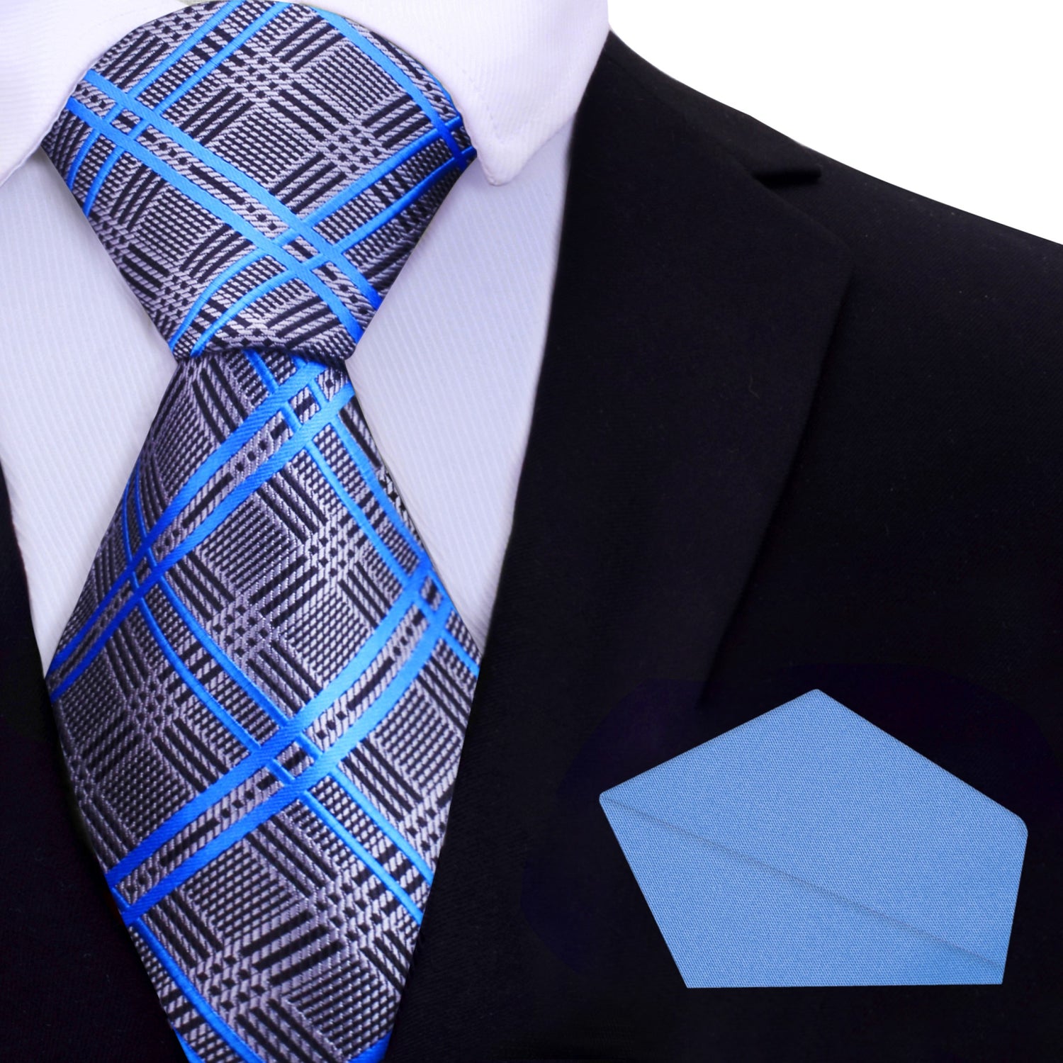 Grey, Blue, Black Plaid Tie and Blue Square