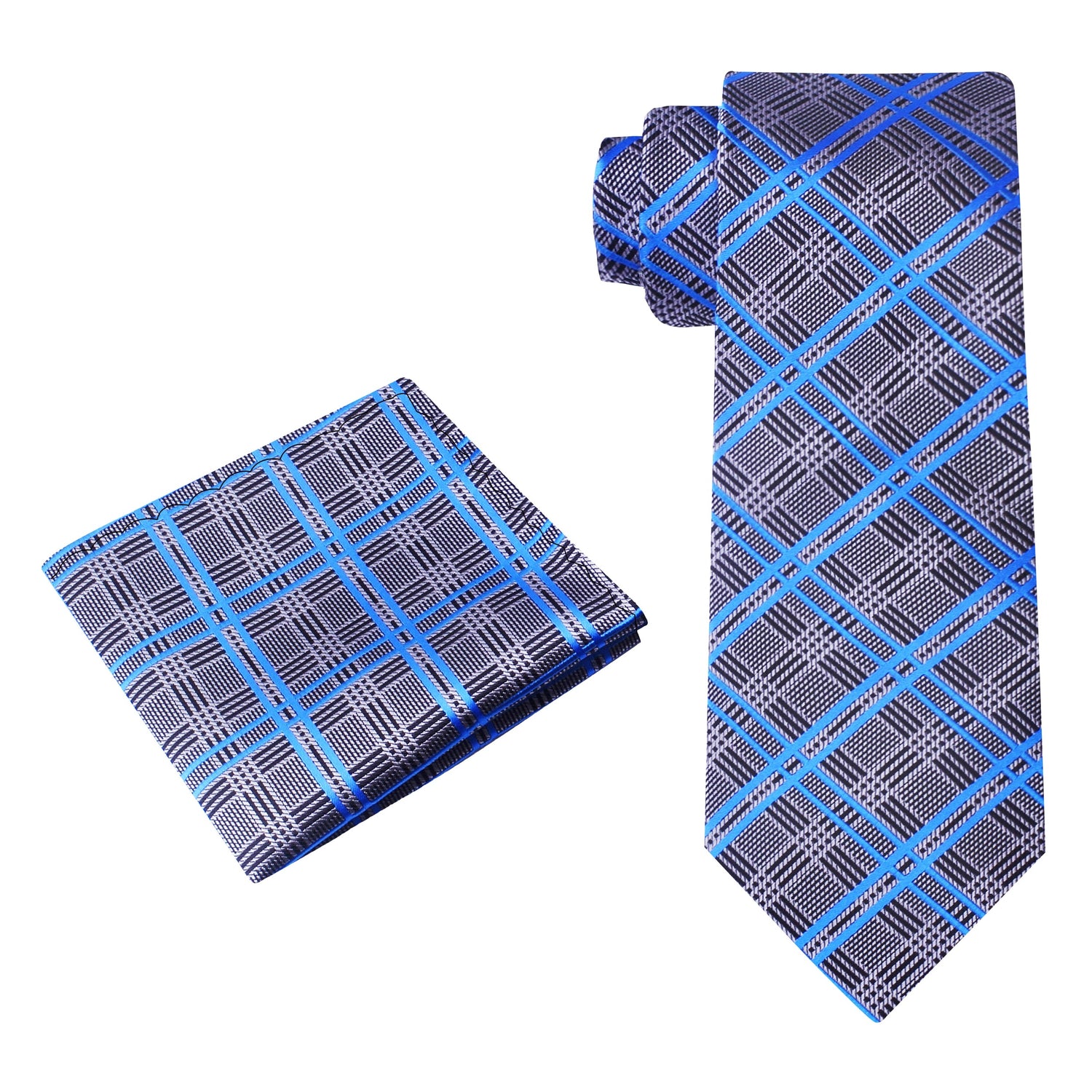Alt View: Grey, Blue, Black Plaid Tie and Square