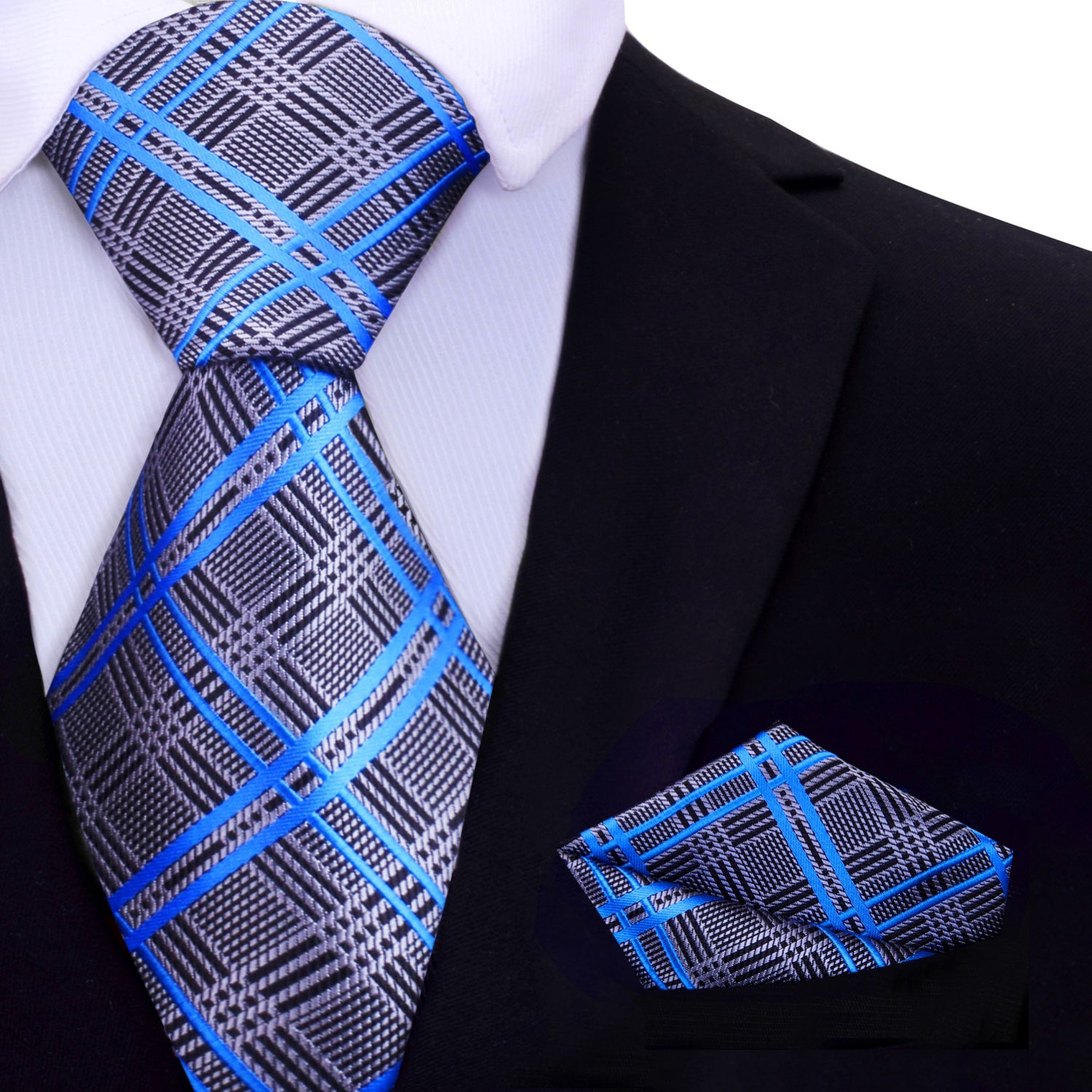 Grey, Blue, Black Plaid Tie and Square