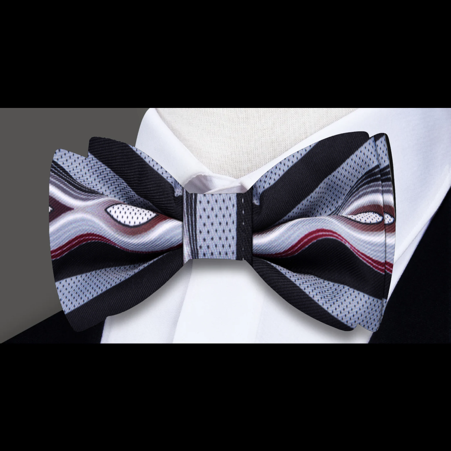 Fog Grey, Black, Deep Red Abstract Bow Tie