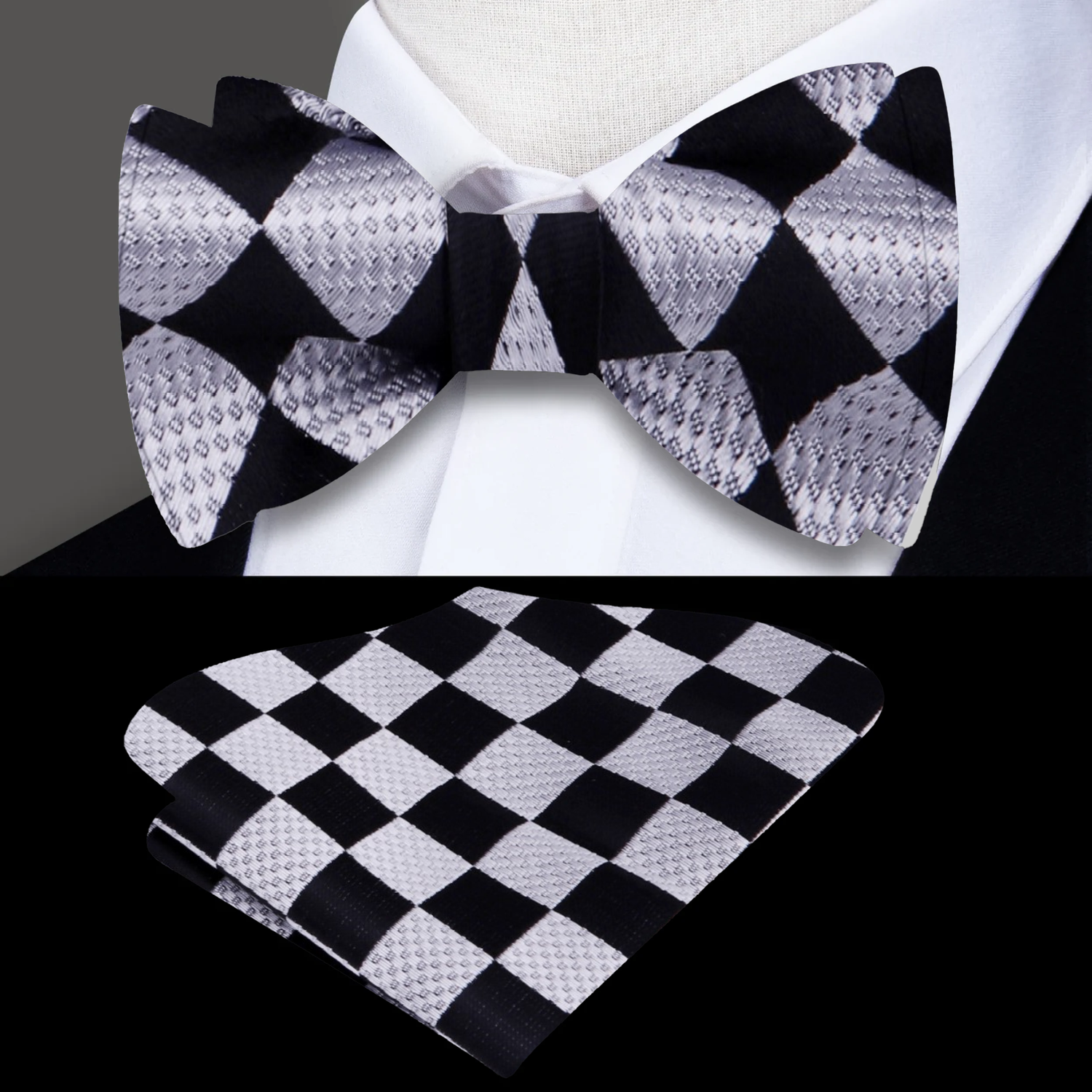 Black Grey Check Bow Tie and Pocket Square