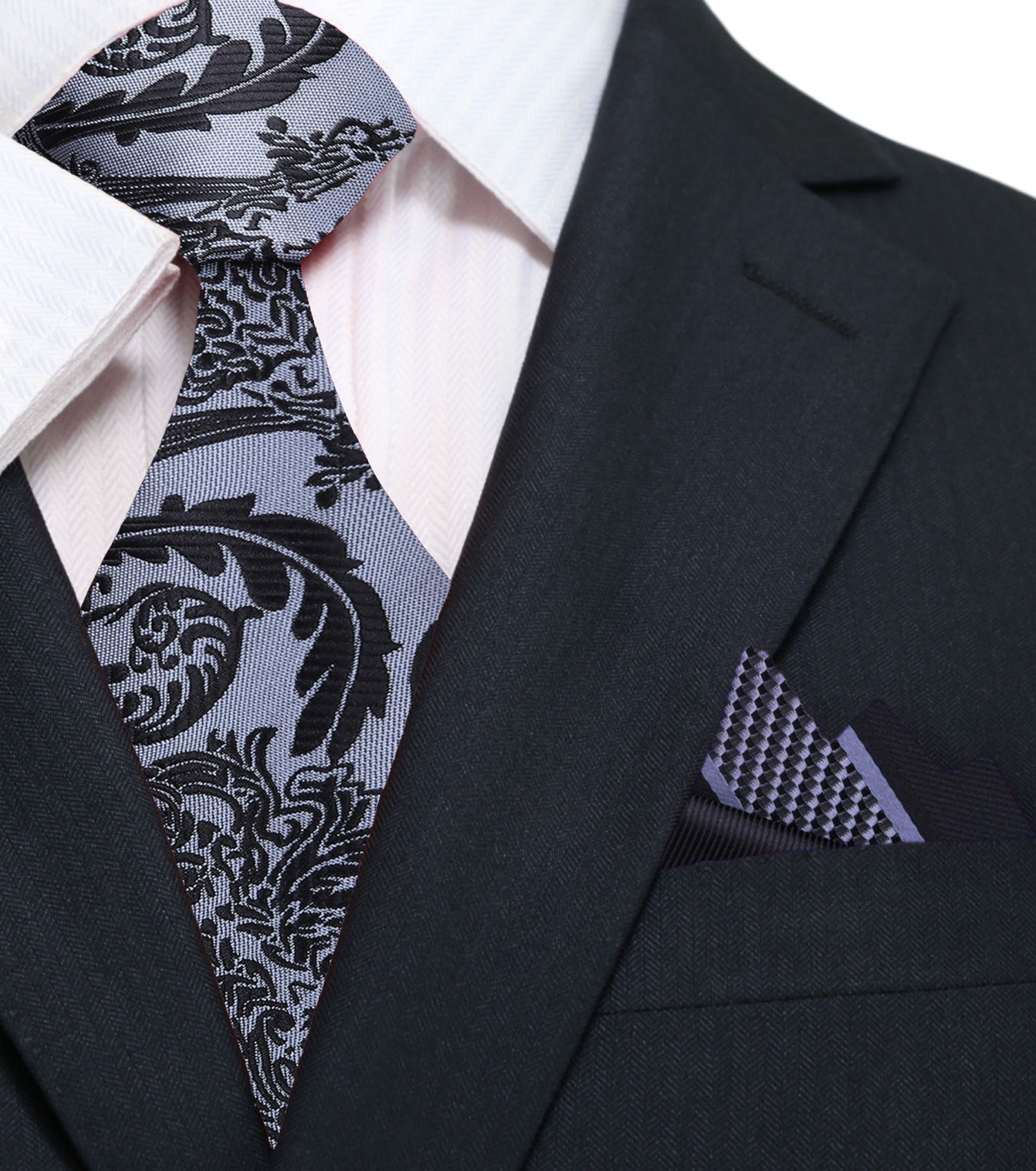 Grey, Black Floral Necktie and Accenting Square