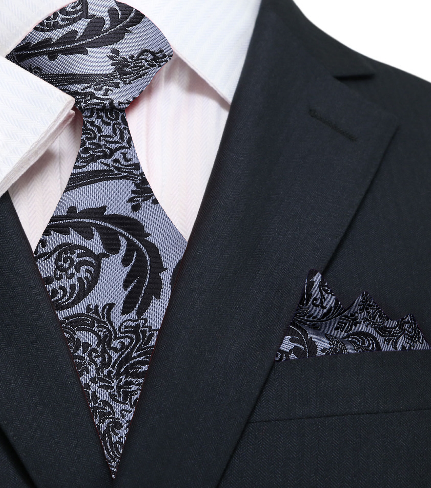 Grey, Black Floral Necktie and Square