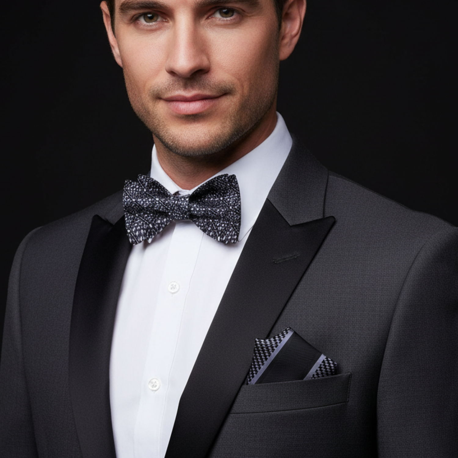 Man wearing a black tuxedo with a patterned bow tie and pocket square on a dark background
