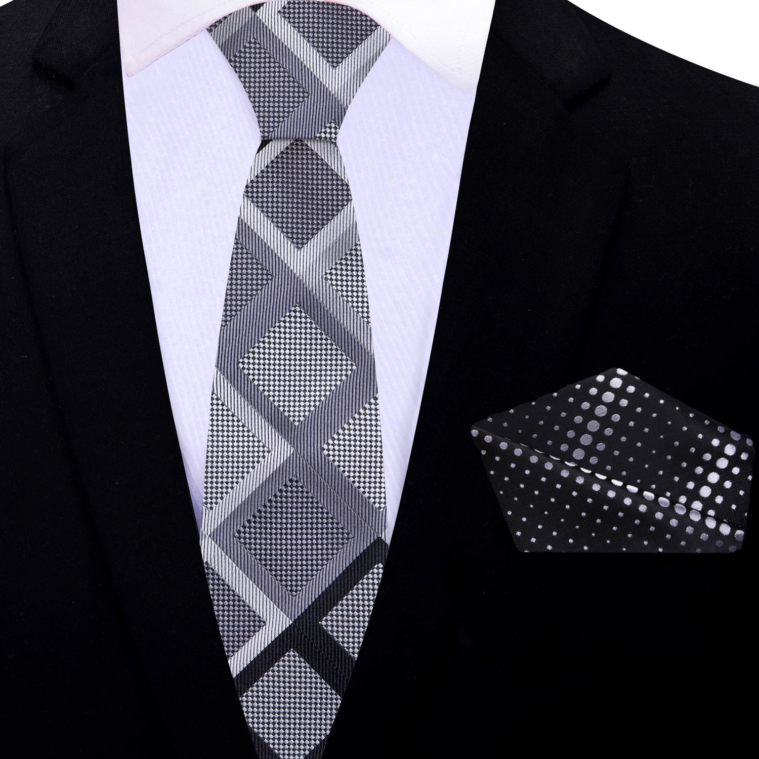 Thin Tie Grey Black Geometric King Tut Diamonds Tie and Black Silver Dots Square 