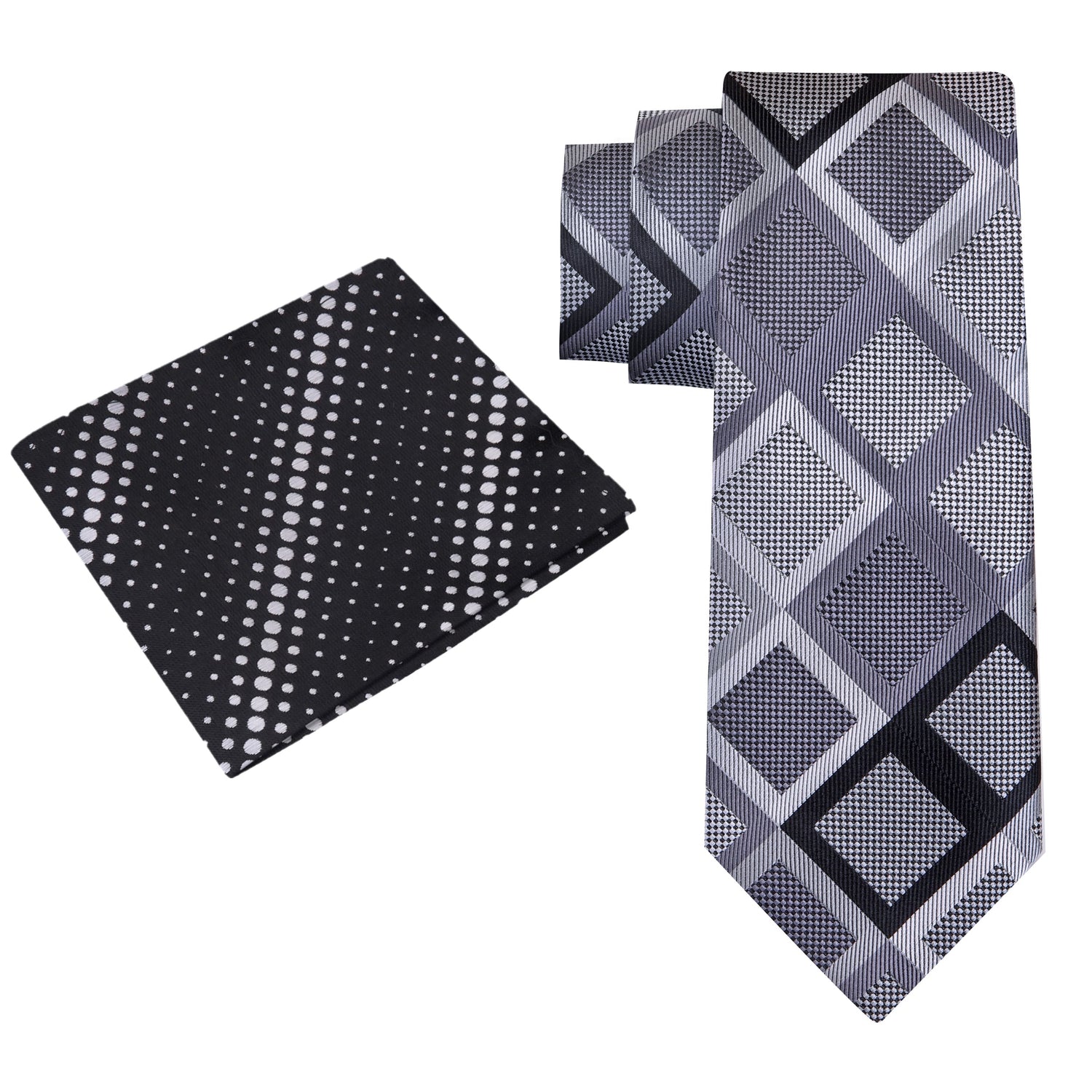 Alt View: Grey Black Geometric King Tut Diamonds Tie and Black Silver Dots Square 