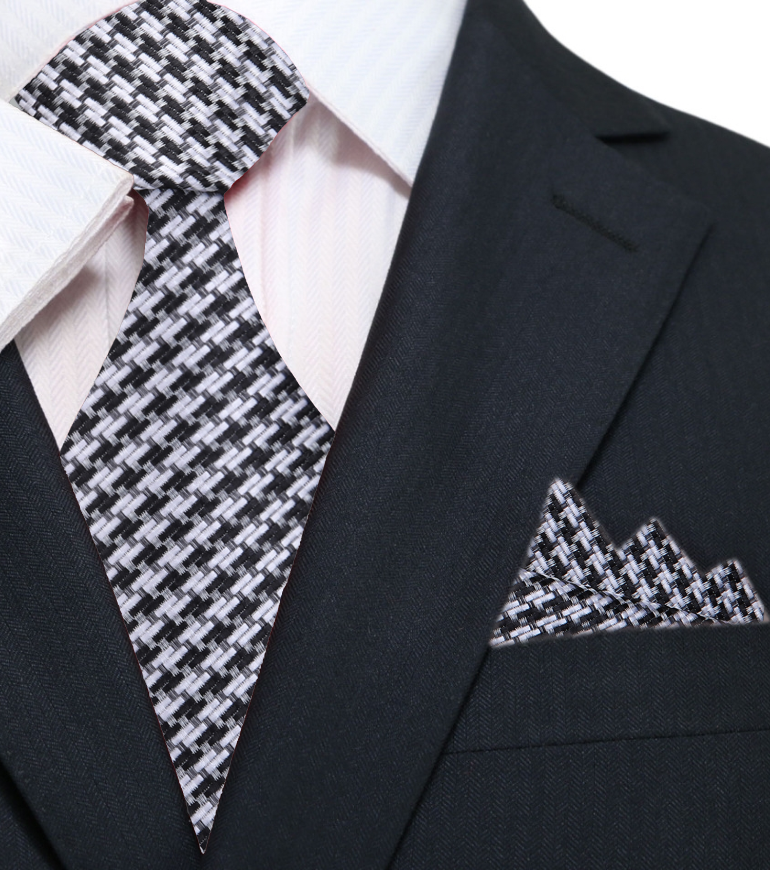 Main: Black, Grey Hounds Tooth Tie and Square||Black/Grey