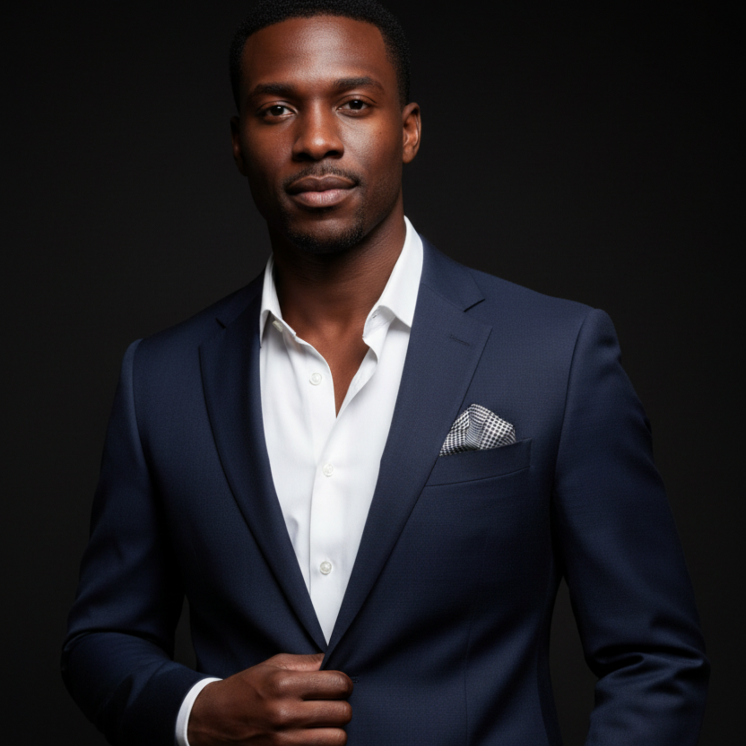 Man wearing a navy suit with a white shirt and patterned pocket square on a black background