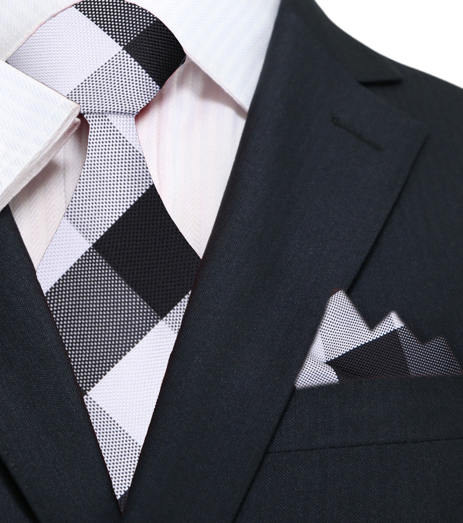 Main: A Grey, Black Plaid Pattern Silk Necktie, Matching Pocket Square