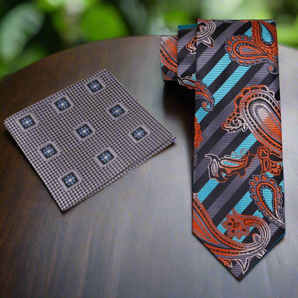 View 2: Black, Light Blue, Copper, Black Paisley and Stripe Necktie and Accenting Grey Geometric Square