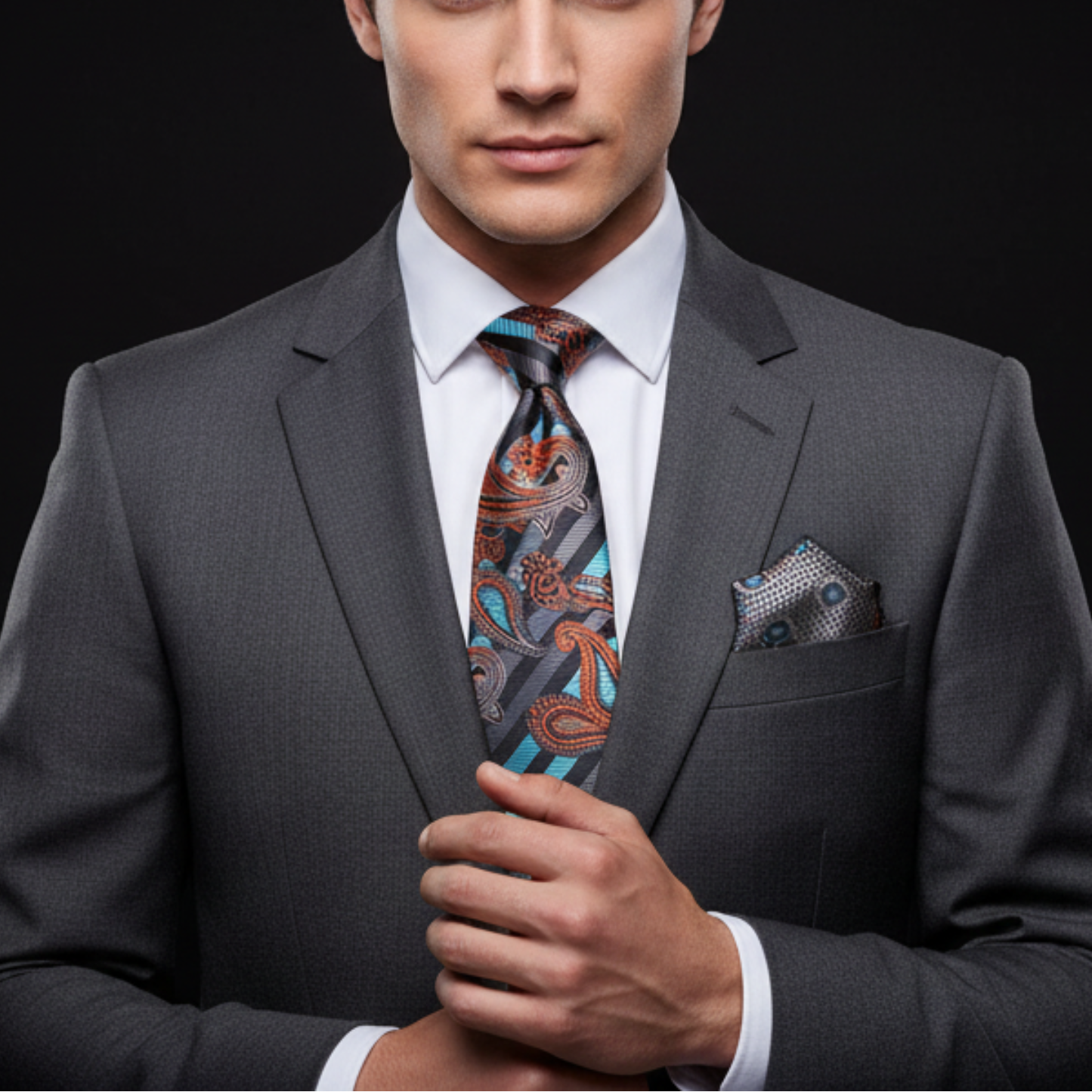 Man wearing a gray suit with a patterned tie and pocket square on a black background