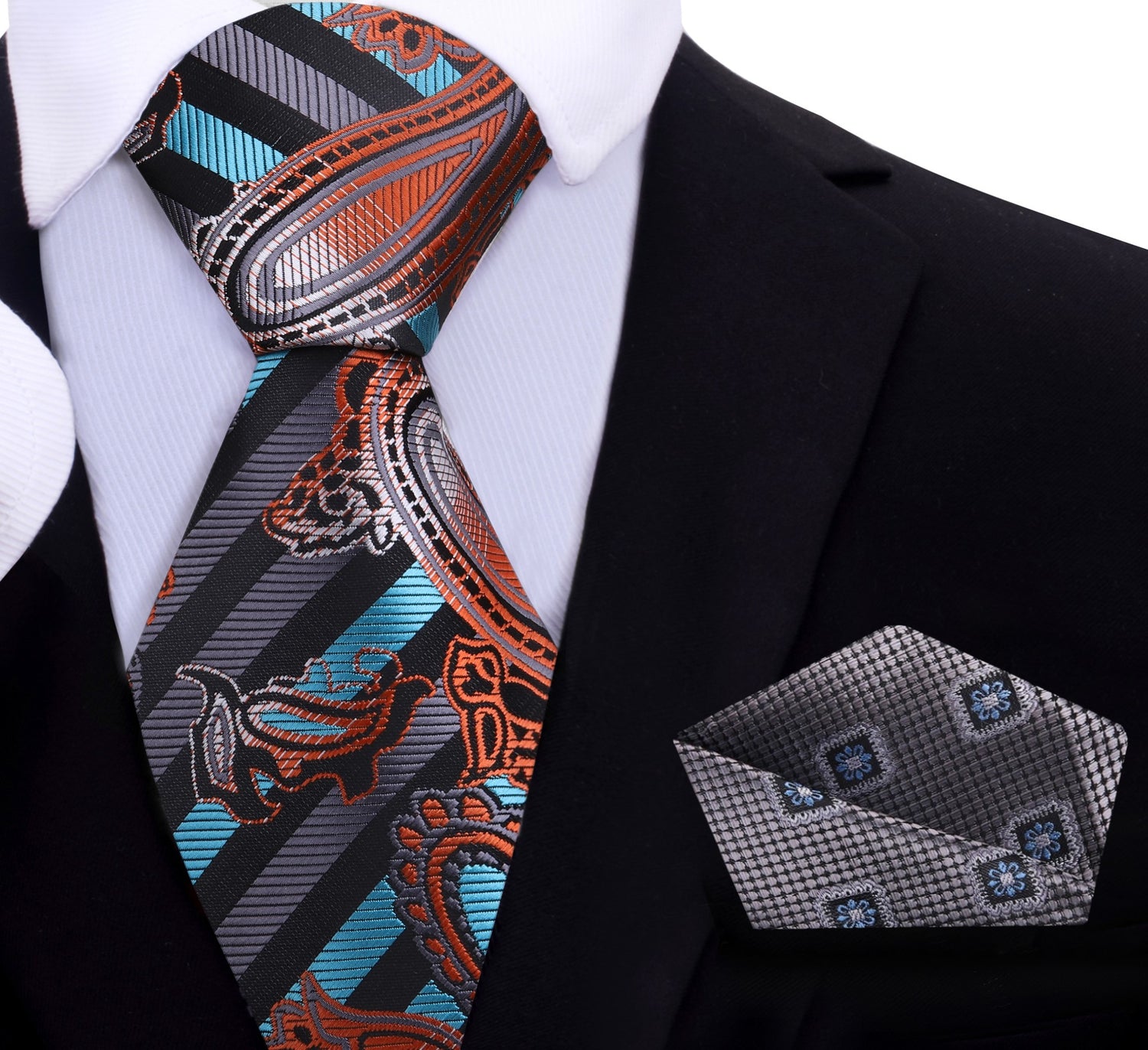 Black, Light Blue, Copper, Black Paisley and Stripe Necktie and Accenting Grey Geometric Square