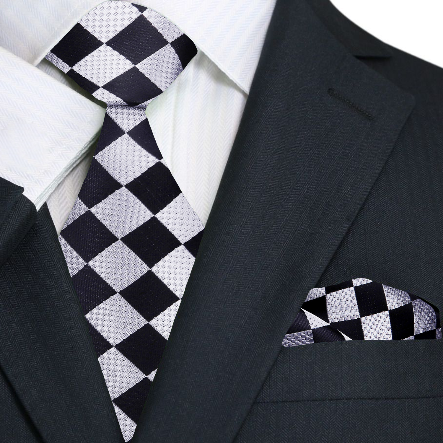 Primary Silver, Black Check Tie and Pocket Square