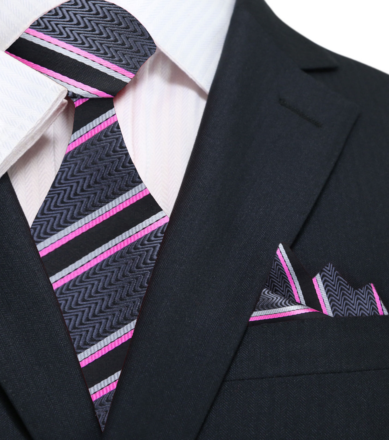 A Grey, Dark Charcoal, Pink, White Stripe Pattern Silk Necktie, Pocket Square