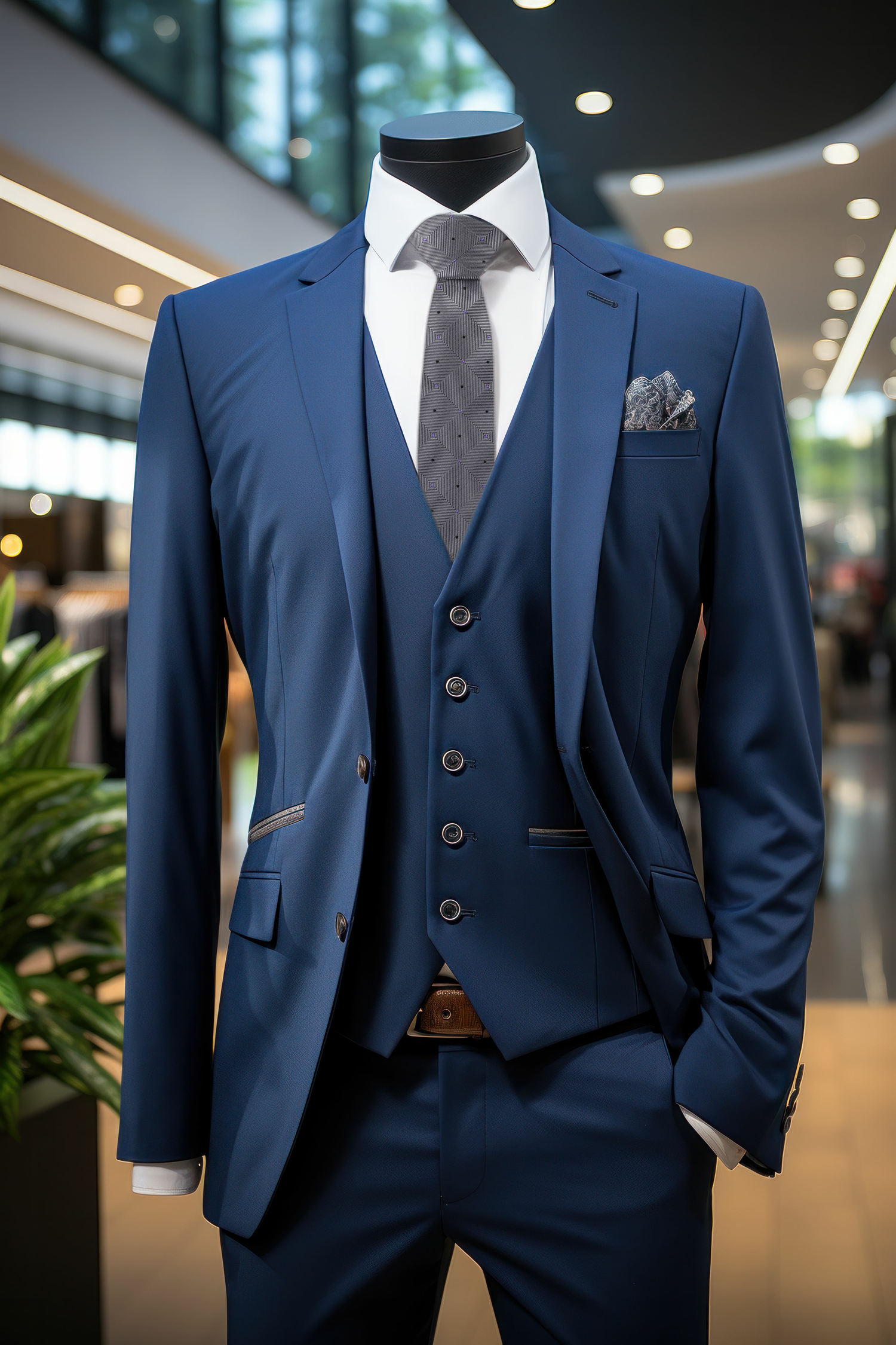 Grey Black Purple Geometric Tie ON Blue Suit