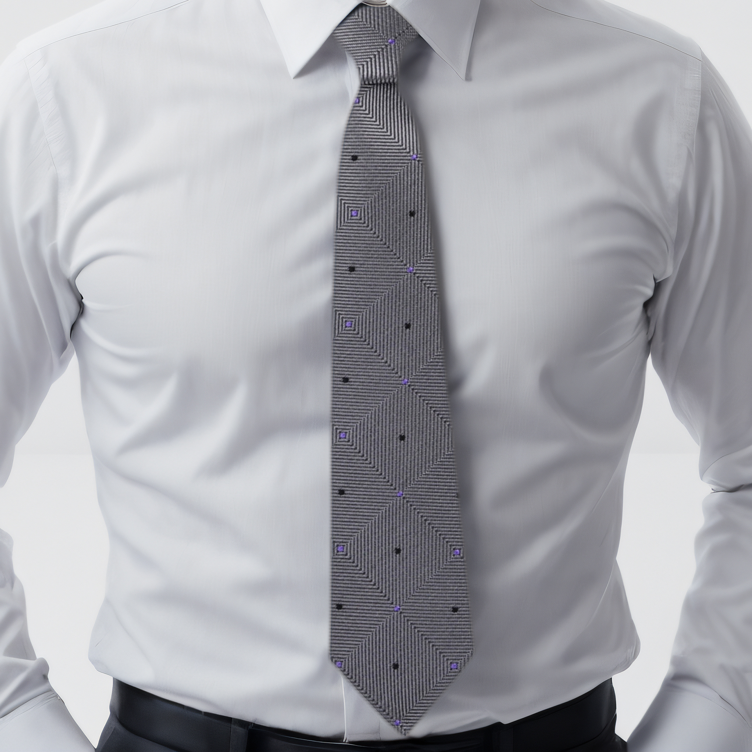 Grey Black Purple Geometric Tie on White Shirt