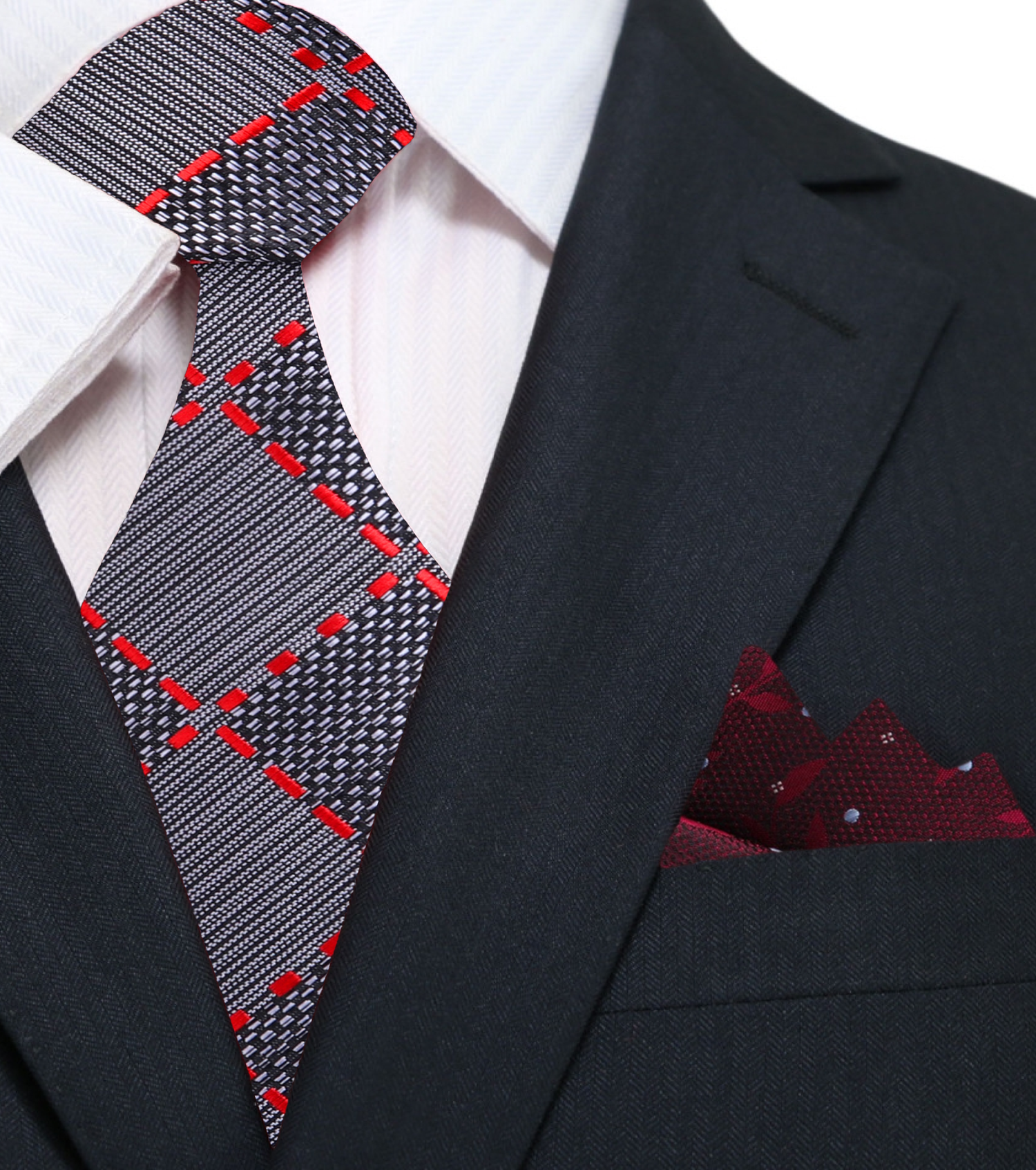 Grey, Red and Black Plaid/Abstract Tie and Accenting Red Floral Pocket Square