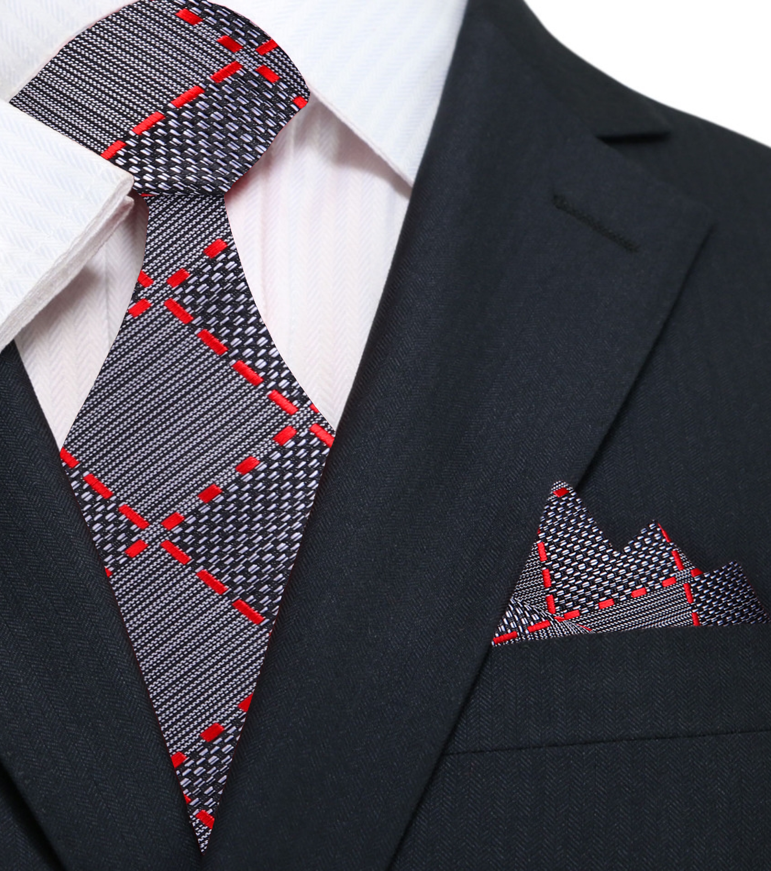 Grey Black Red Geometric Diamonds Tie and Pocket Square w