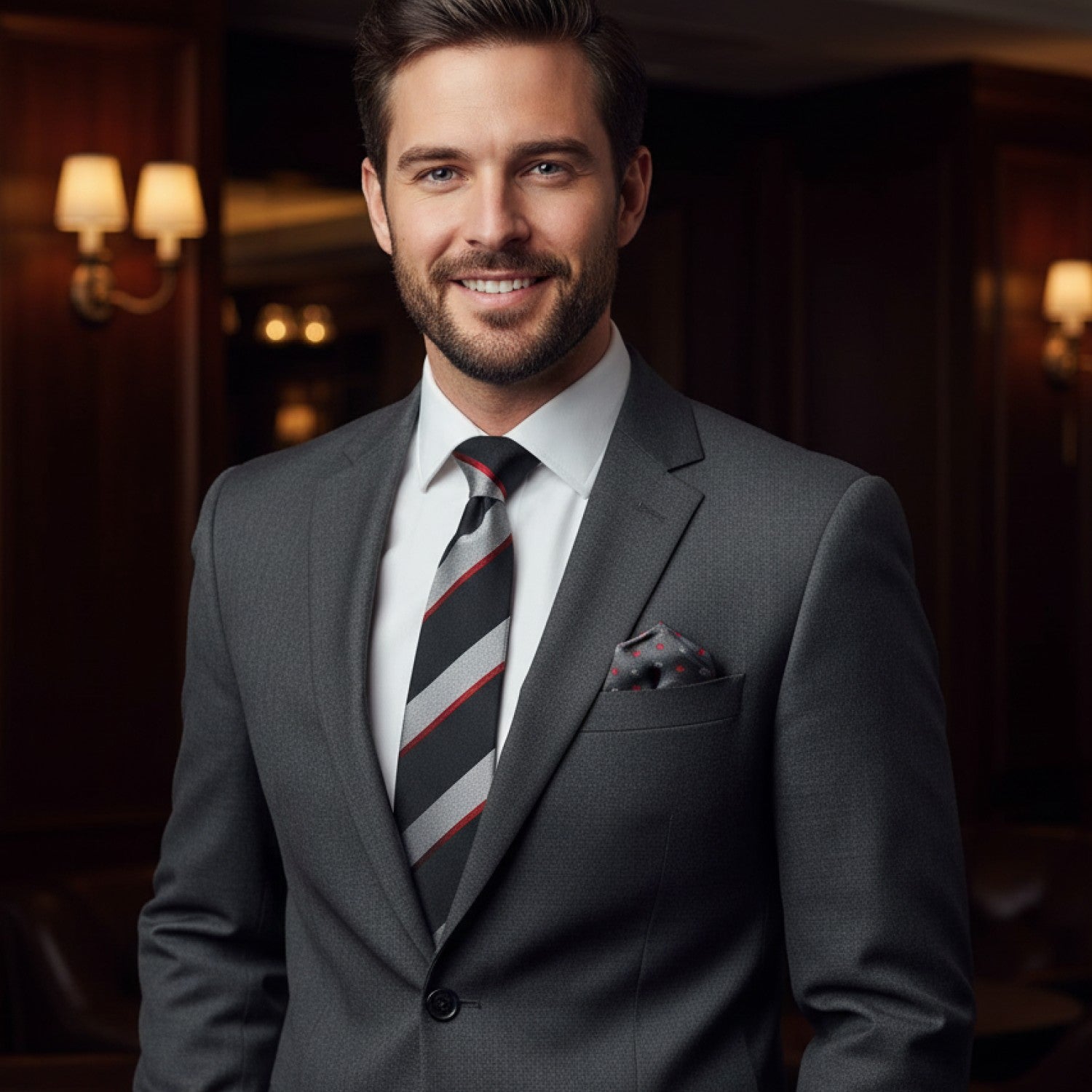 Man in a gray suit with a striped tie in an elegant room.