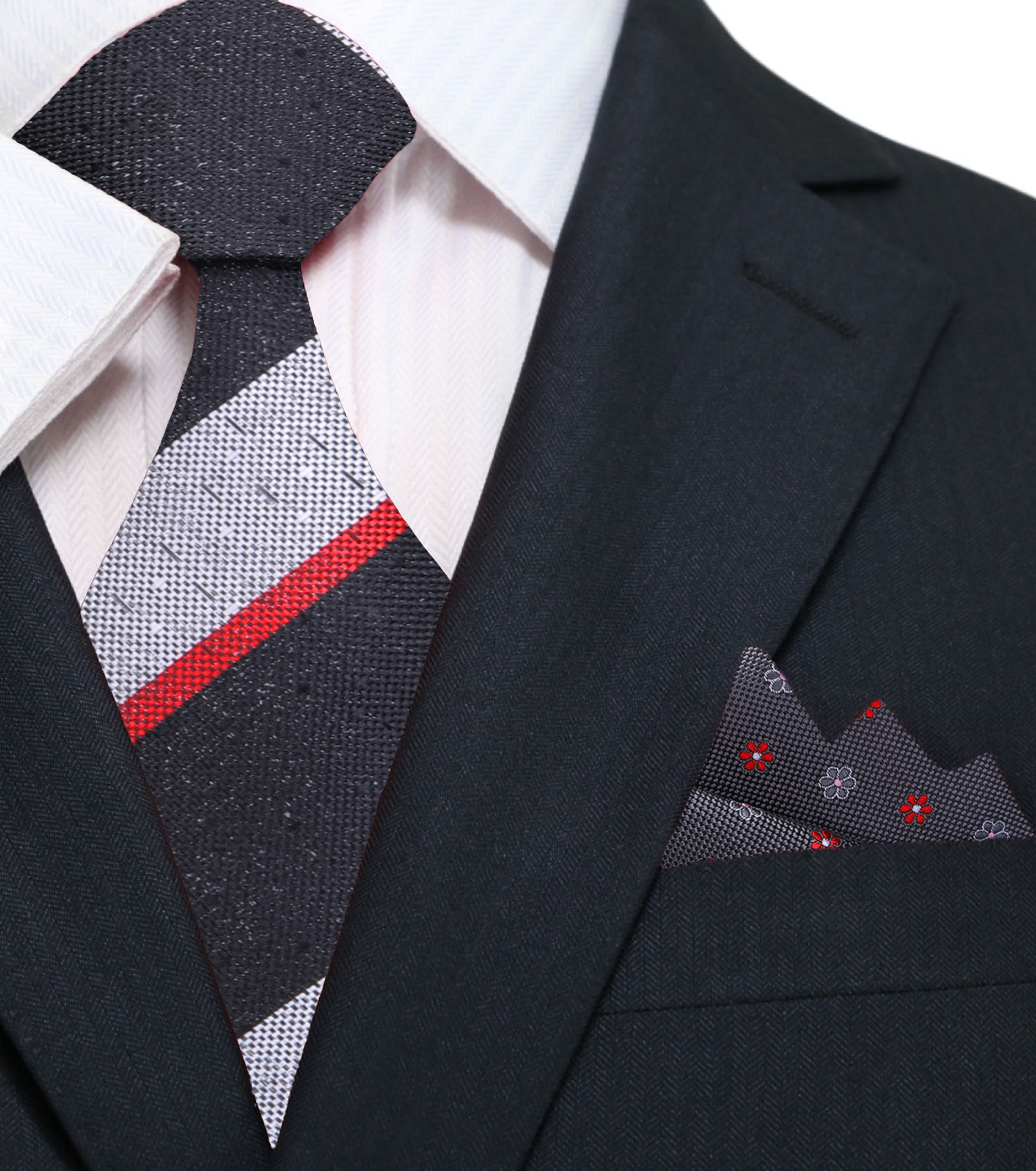 A Black, Grey, Red Stripe Pattern Silk Necktie, Accenting Pocket Square