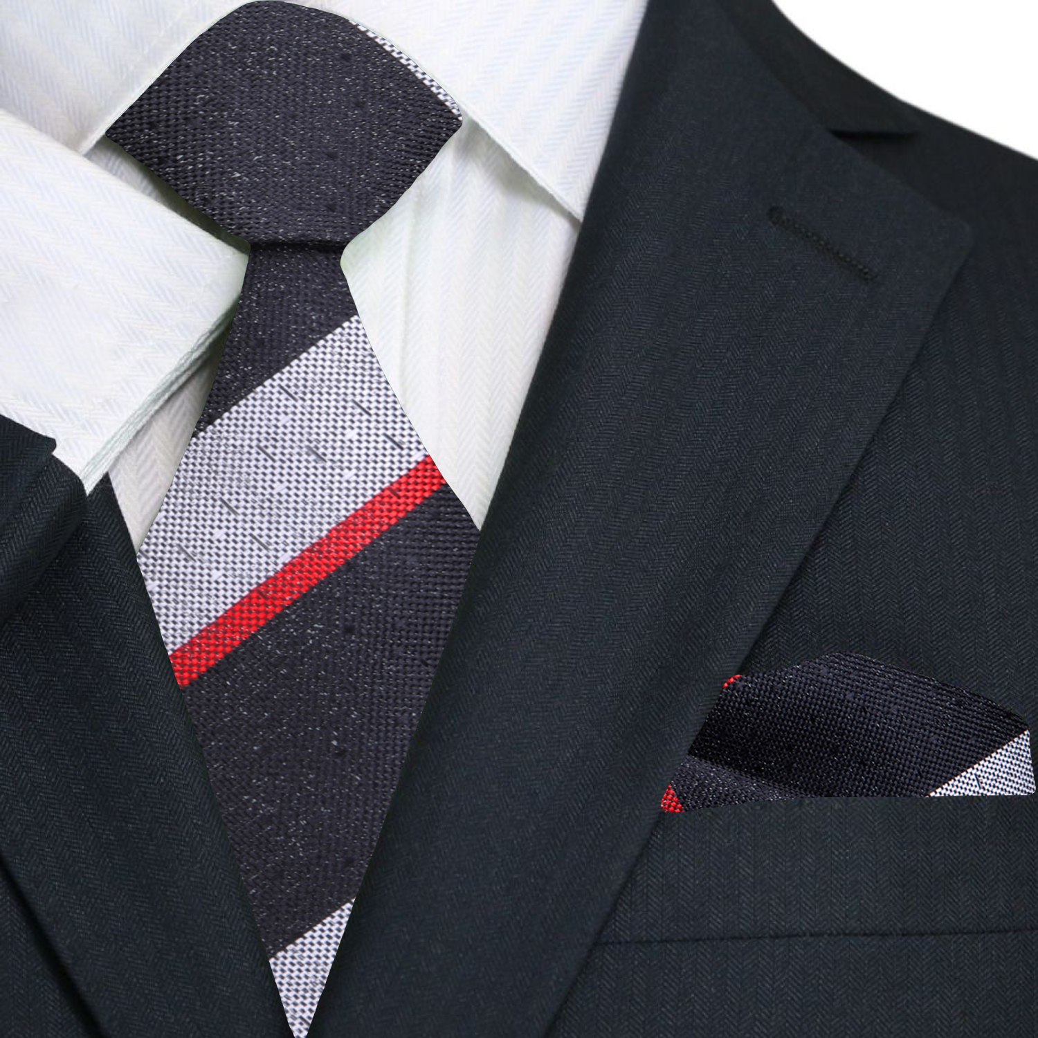 A Black, Grey, Red Stripe Pattern Necktie, Pocket Square