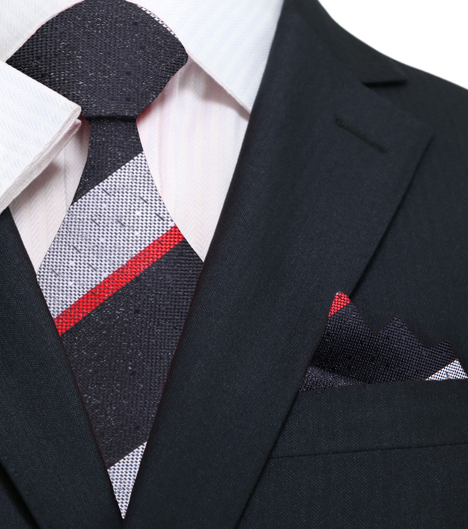 A Black, Grey, Red Stripe Pattern Silk Necktie, Pocket Square