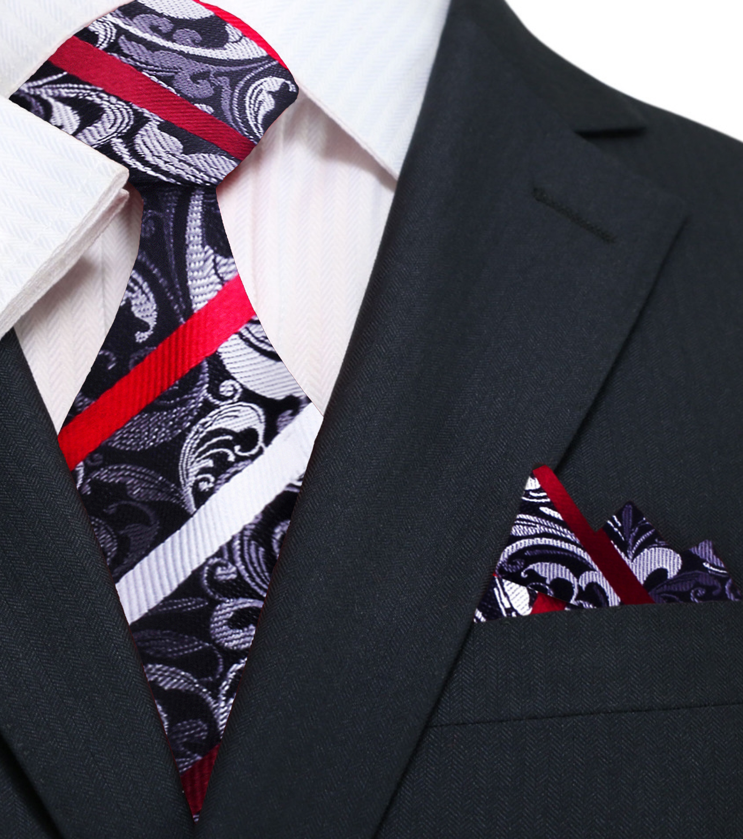   Grey, Black, White and Red Floral with Stripe Tie and Pocket Square