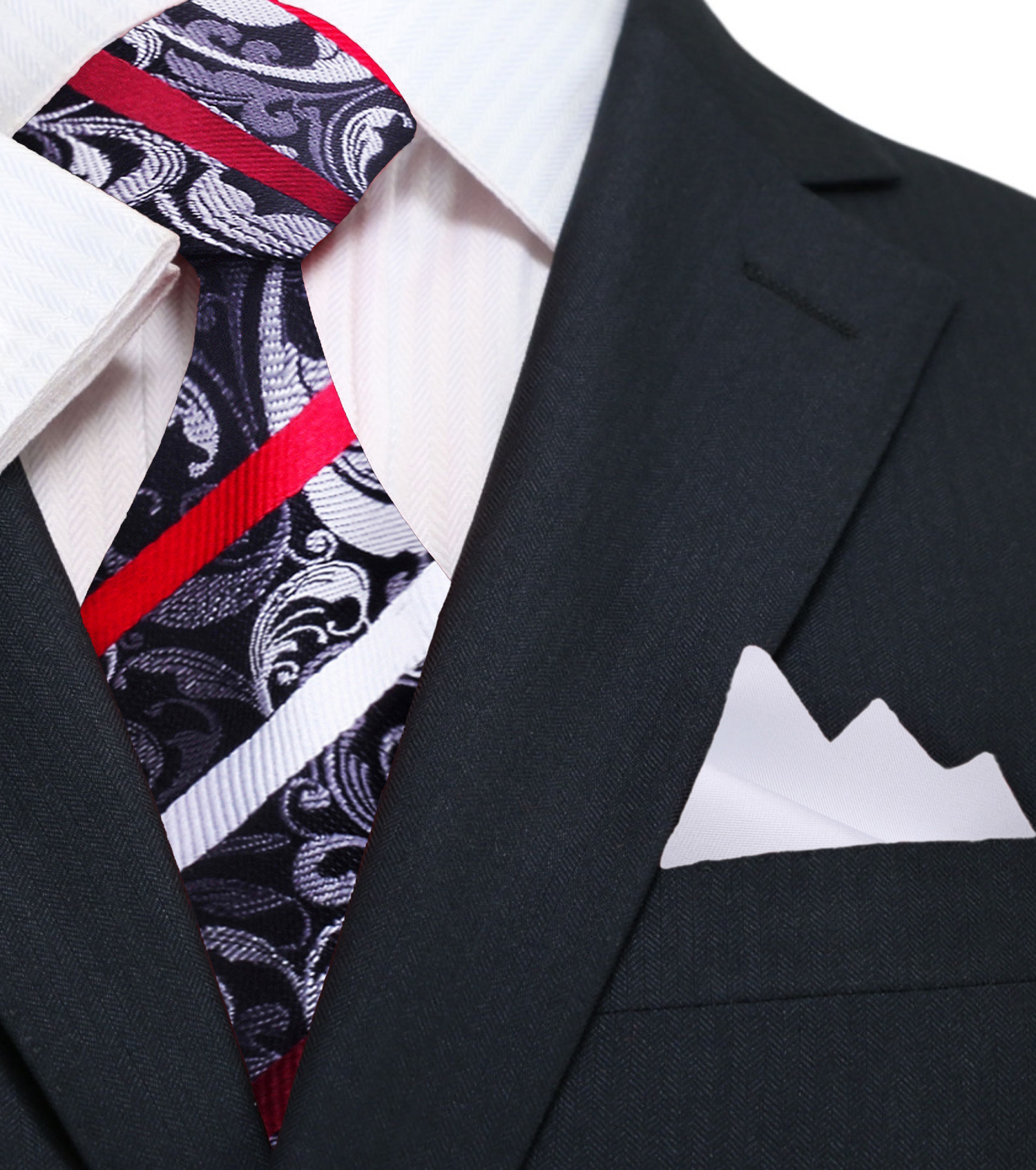   Grey, Black, White and Red Floral with Stripe Tie and White Pocket Square