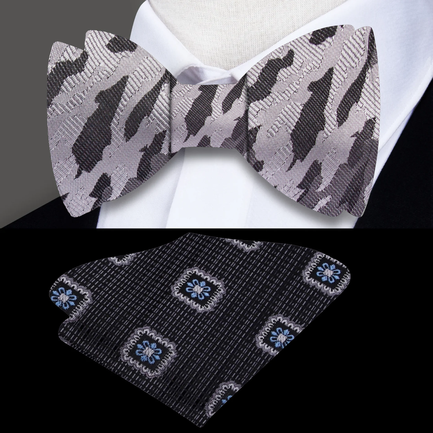 Shades of Grey and Black Camouflage Bow Tie and Accenting Black, Grey and Blue Bursts Square