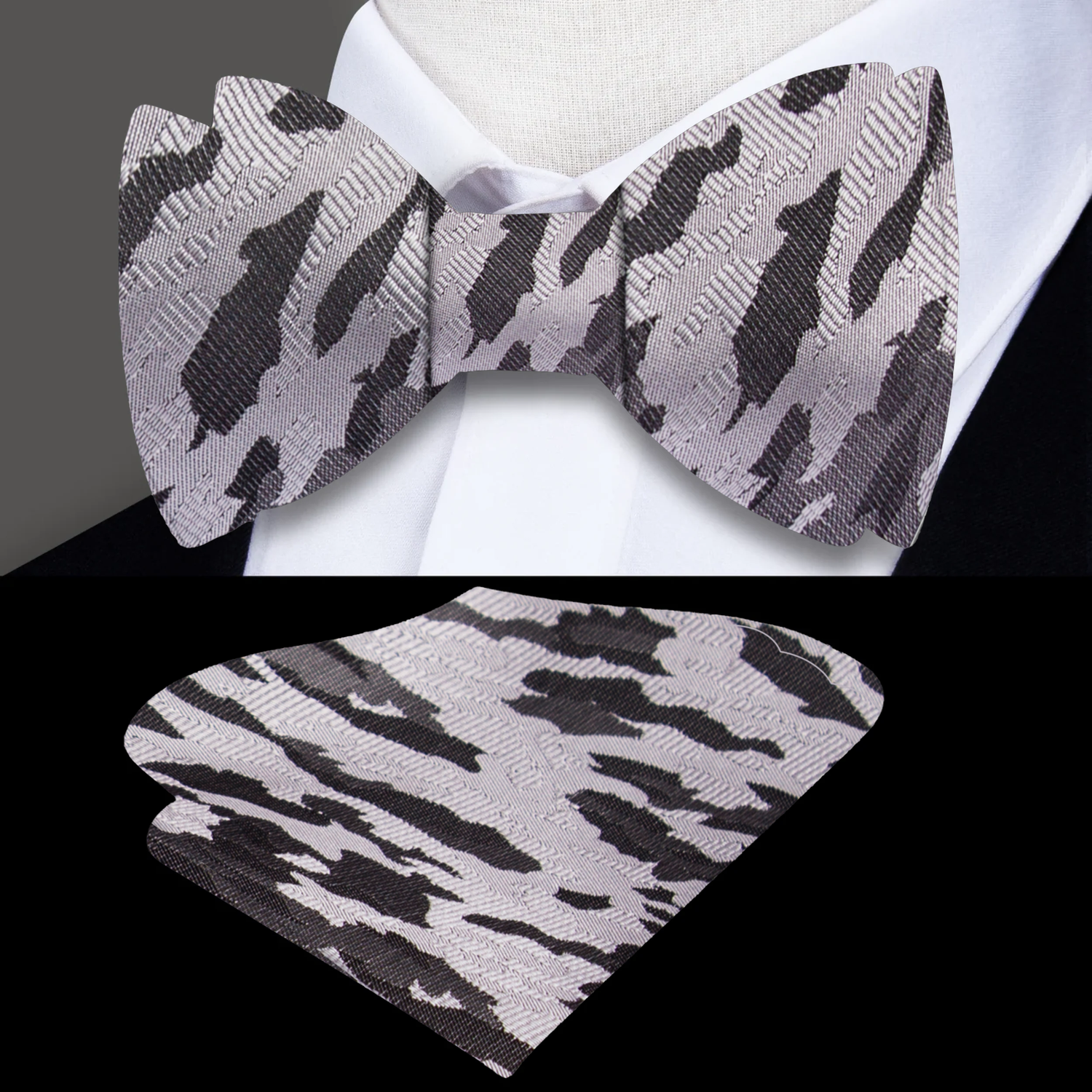 Shades of Grey and Black Camouflage Bow Tie and Matching Square