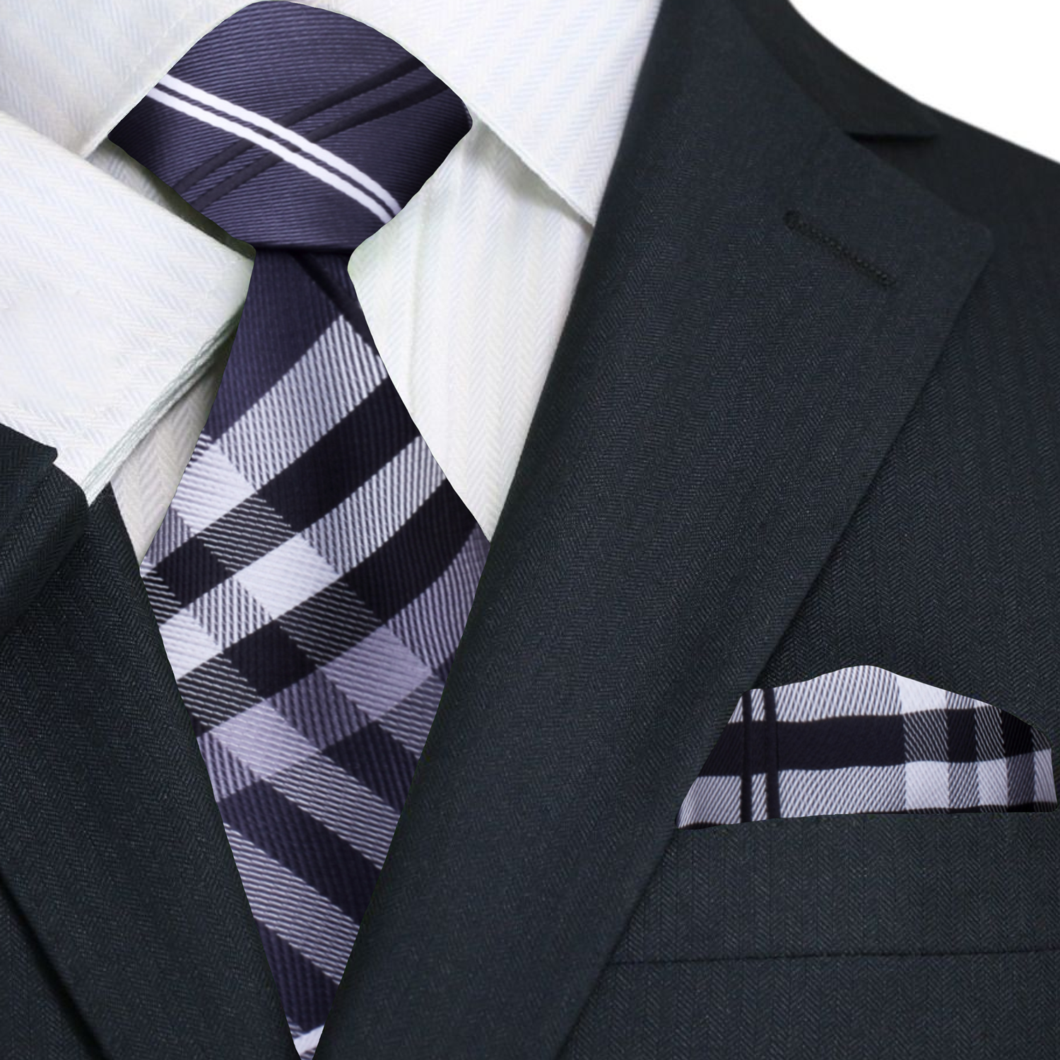 Main: A Black, Grey, White Plaid Pattern Necktie and Pocket Square ||Grey, Black, White