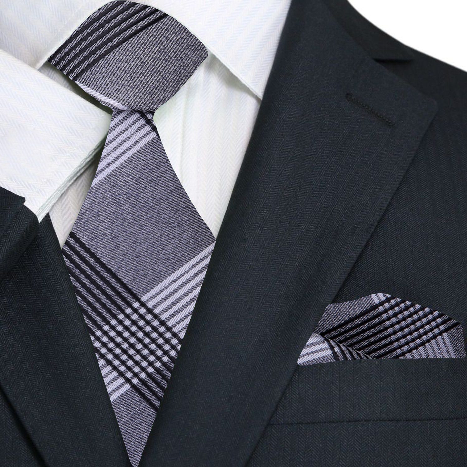 Premium Grey, White, Black Plaid Tie and Pocket Square||Grey, White, Black