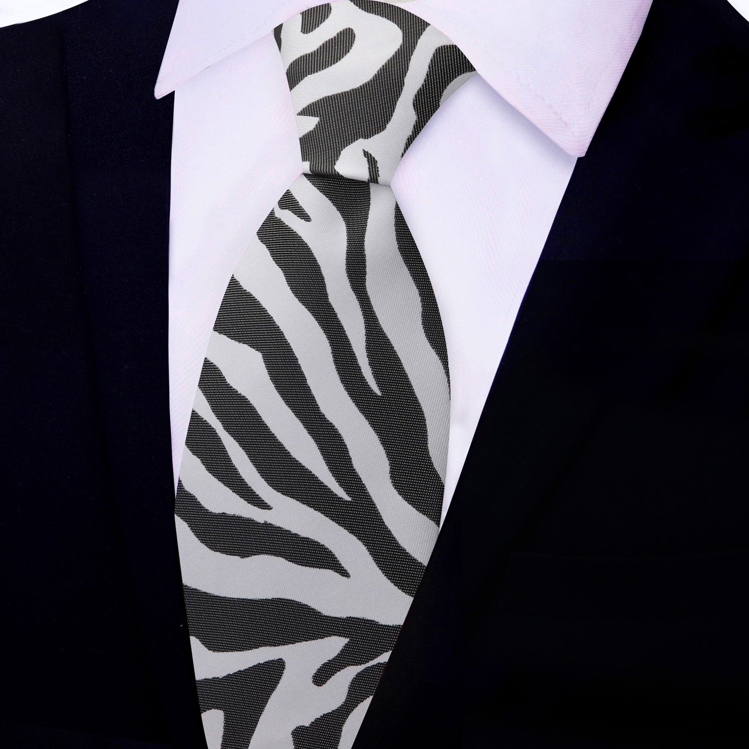 Single Main: Light Grey, Black Zebra Pattern Silk Necktie