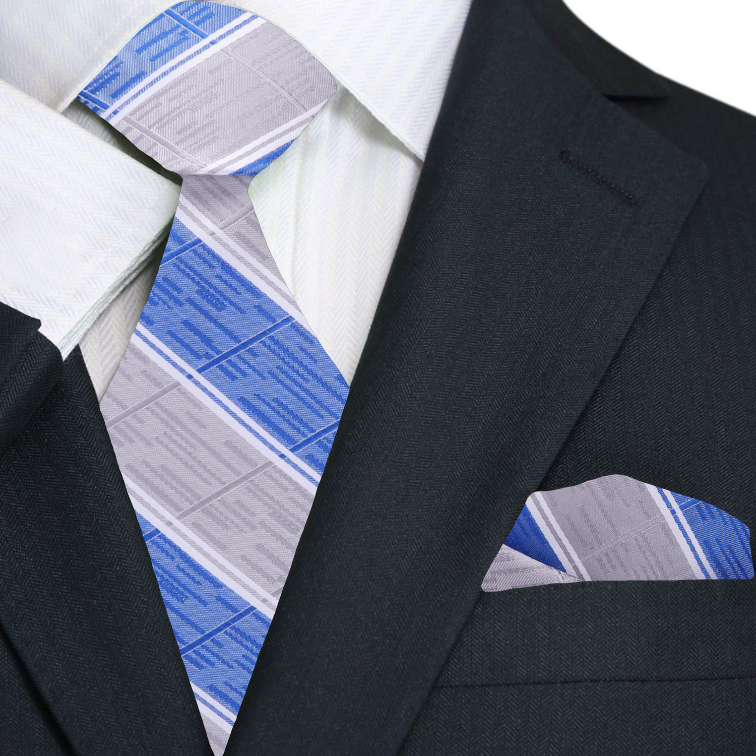 Grey, Blue Stripe Tie and Pocket Square