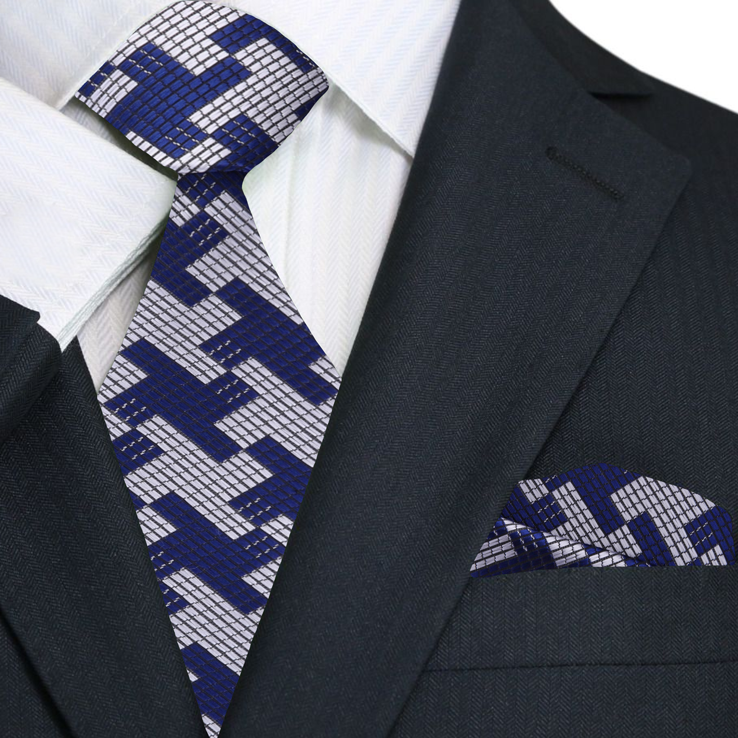 Blue, Grey Big Hounds-tooth Tie and Pocket Square||Blue, Grey