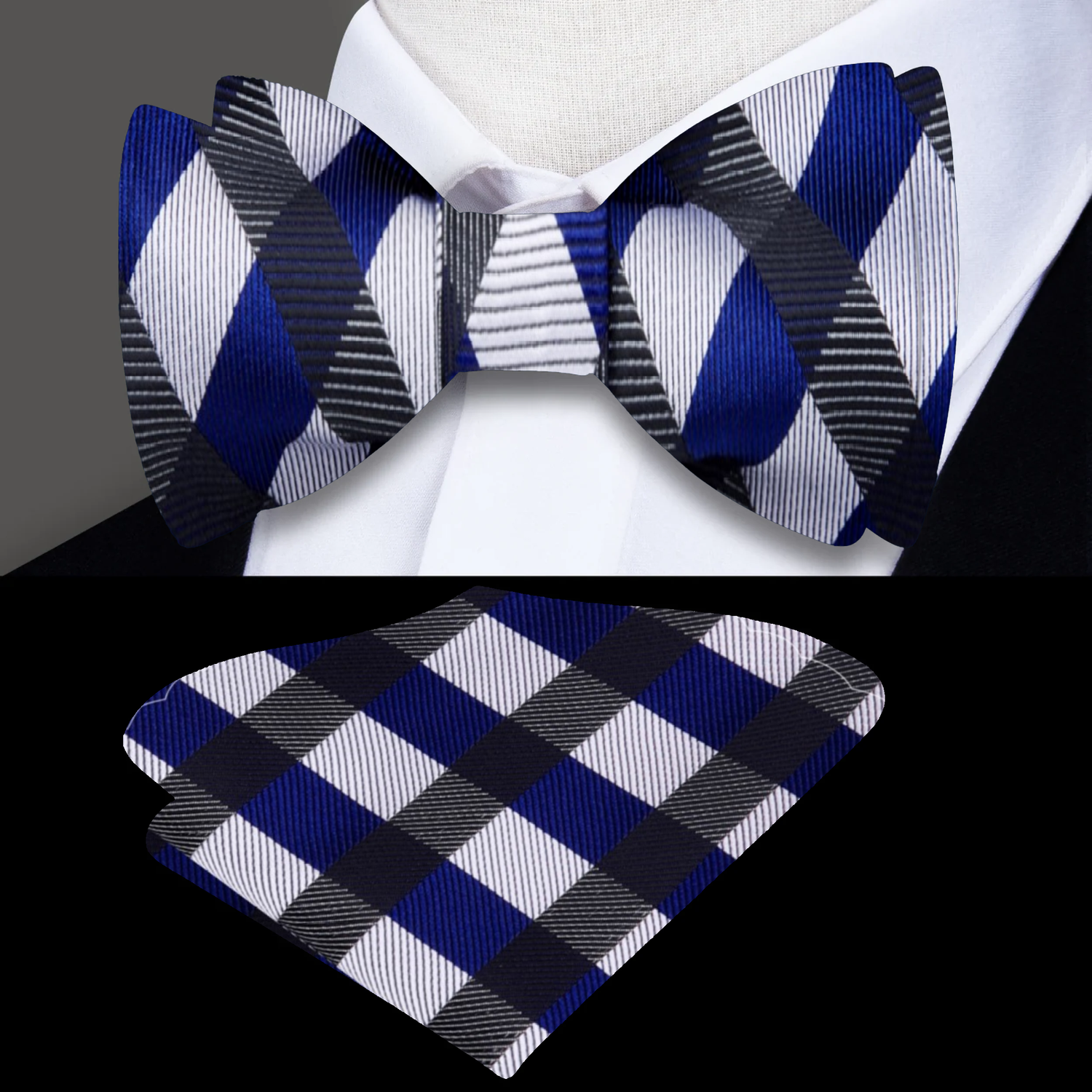 Main: A Grey, Blue Geometric Pattern Silk Pre Tied Bow Tie, Matching Pocket Square