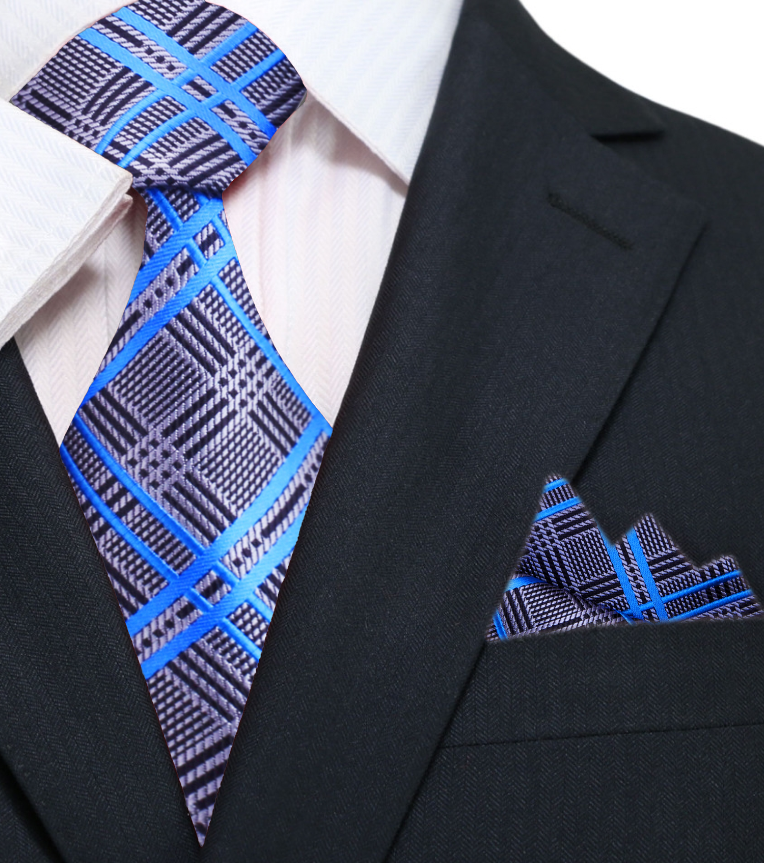 Main: Grey, Blue, Black Plaid Tie and Square