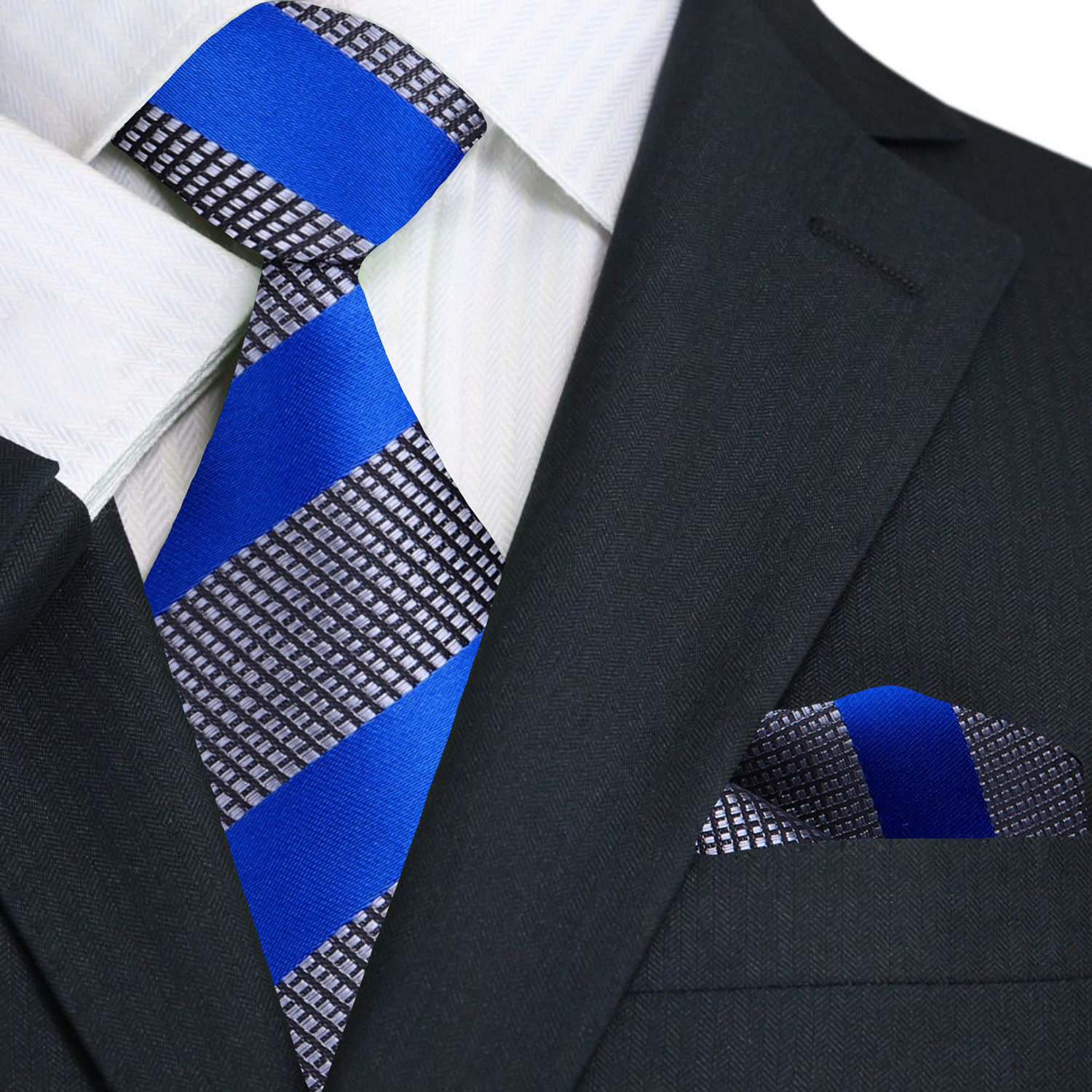 Main View: Grey, Blue Stripe Tie and Pocket Square