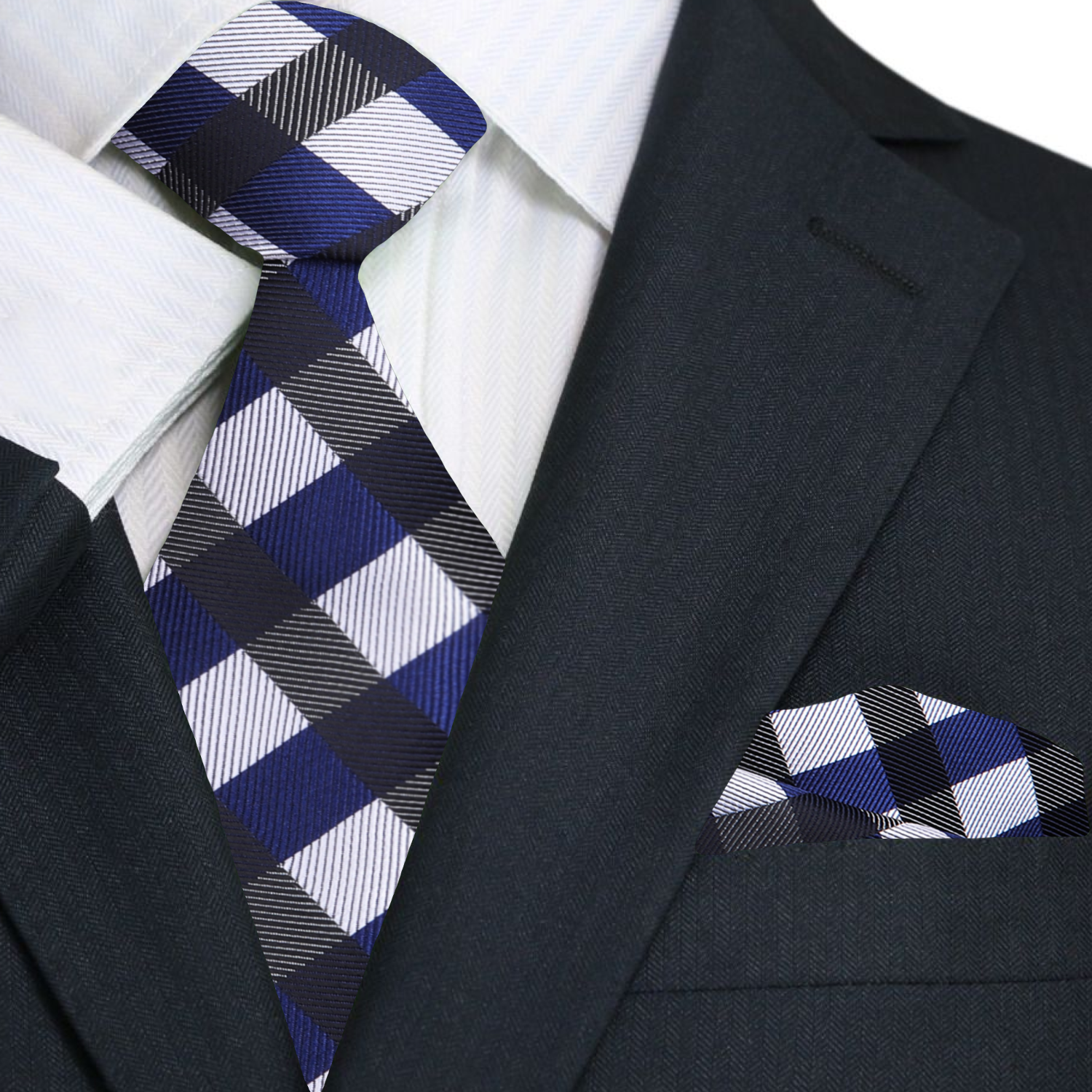 Blue Grey Check Tie and Pocket Square