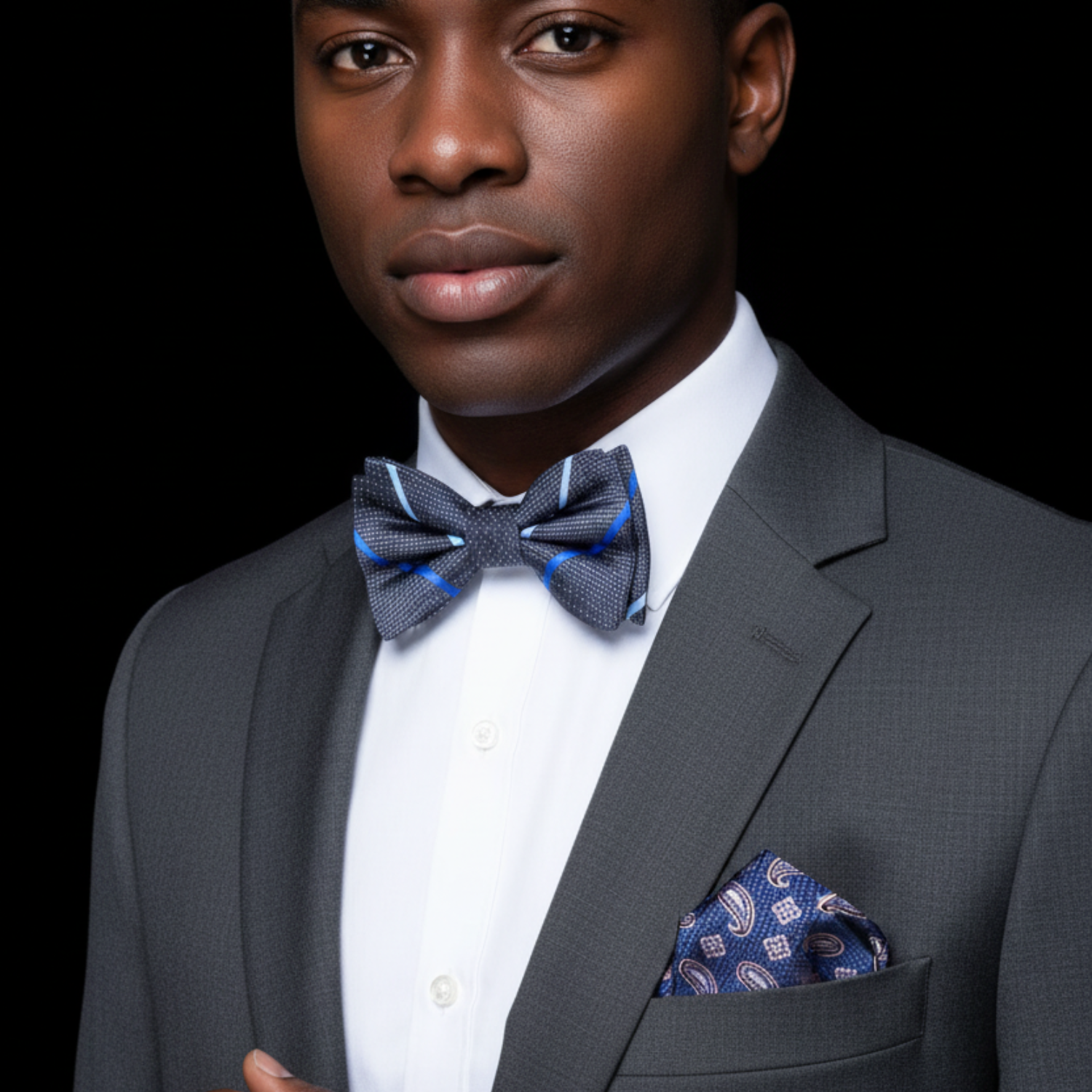 A Grey, Light Blue, Blue Stripe Pattern Self Tie Bow Tie, Accenting Pocket Square 