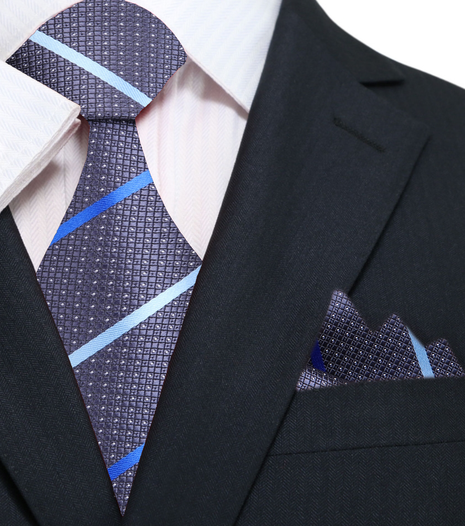 Main: Grey, Blue Stripe Tie and Square||Grey, Dark Blue, Light Blue