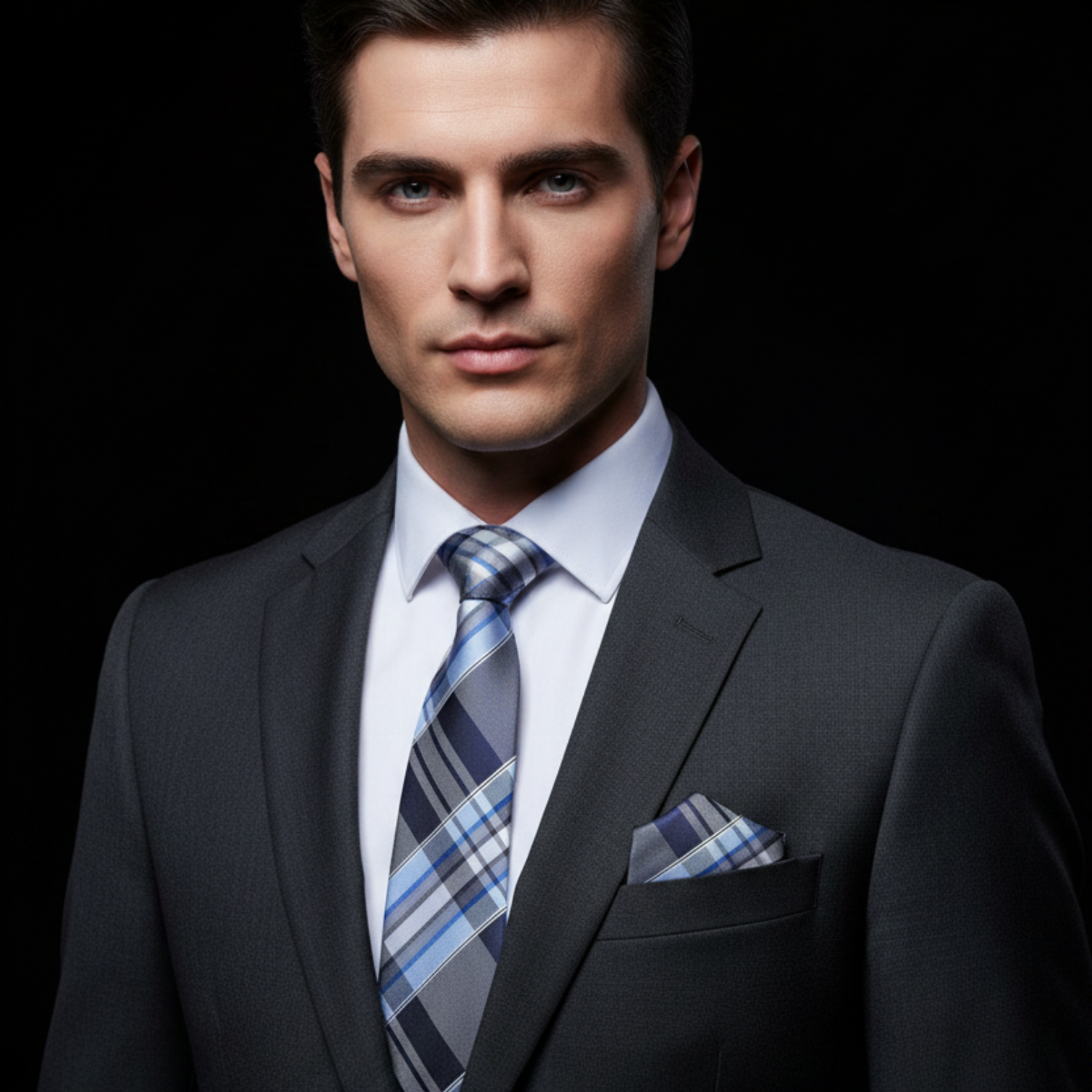 Man wearing a dark suit with a plaid tie and pocket square against a black background