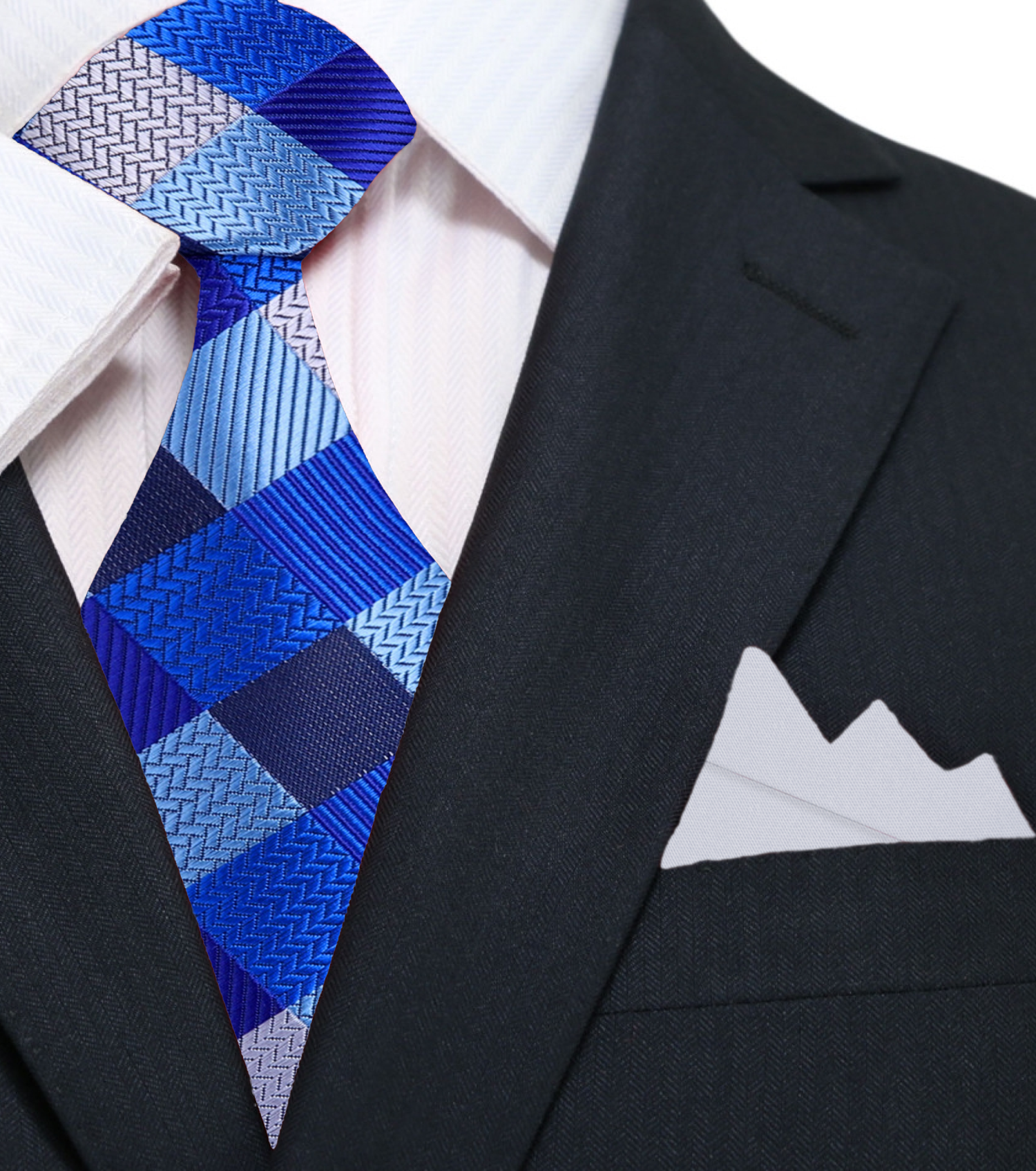 A Blue, Light Blue Color Checker Pattern Silk Necktie, Grey Pocket Square